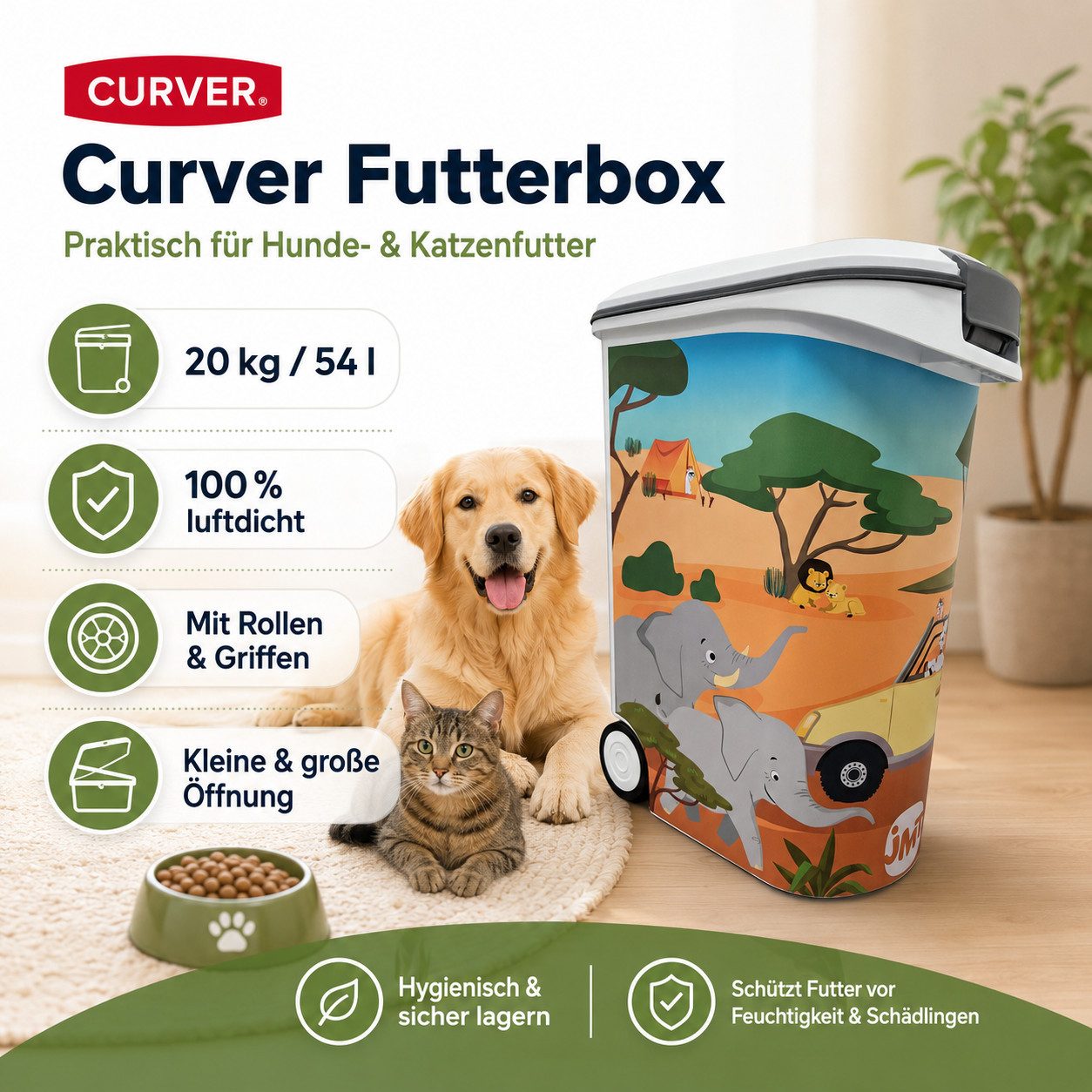 Curver Futterbehälter Futterbox Hundefutter Katzefutter Aufbewahrung 20 kg/54L, Hundefutterbox Hundefutterbehälter Tierfutterbehälter Futtercontainer