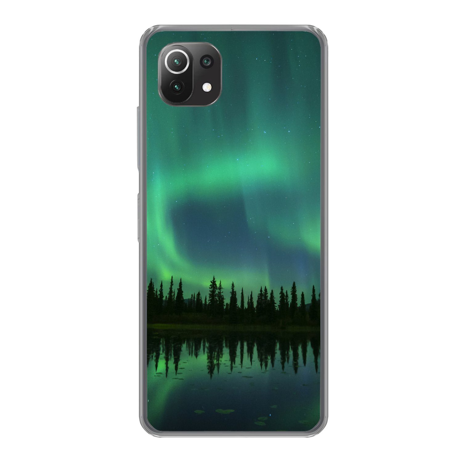 MuchoWow Handyhülle für Xiaomi Mi 11 Lite Nordlicht - Bäume - Wasser - Alaska, Phone Case, Silikon, Schutzhülle Dünn