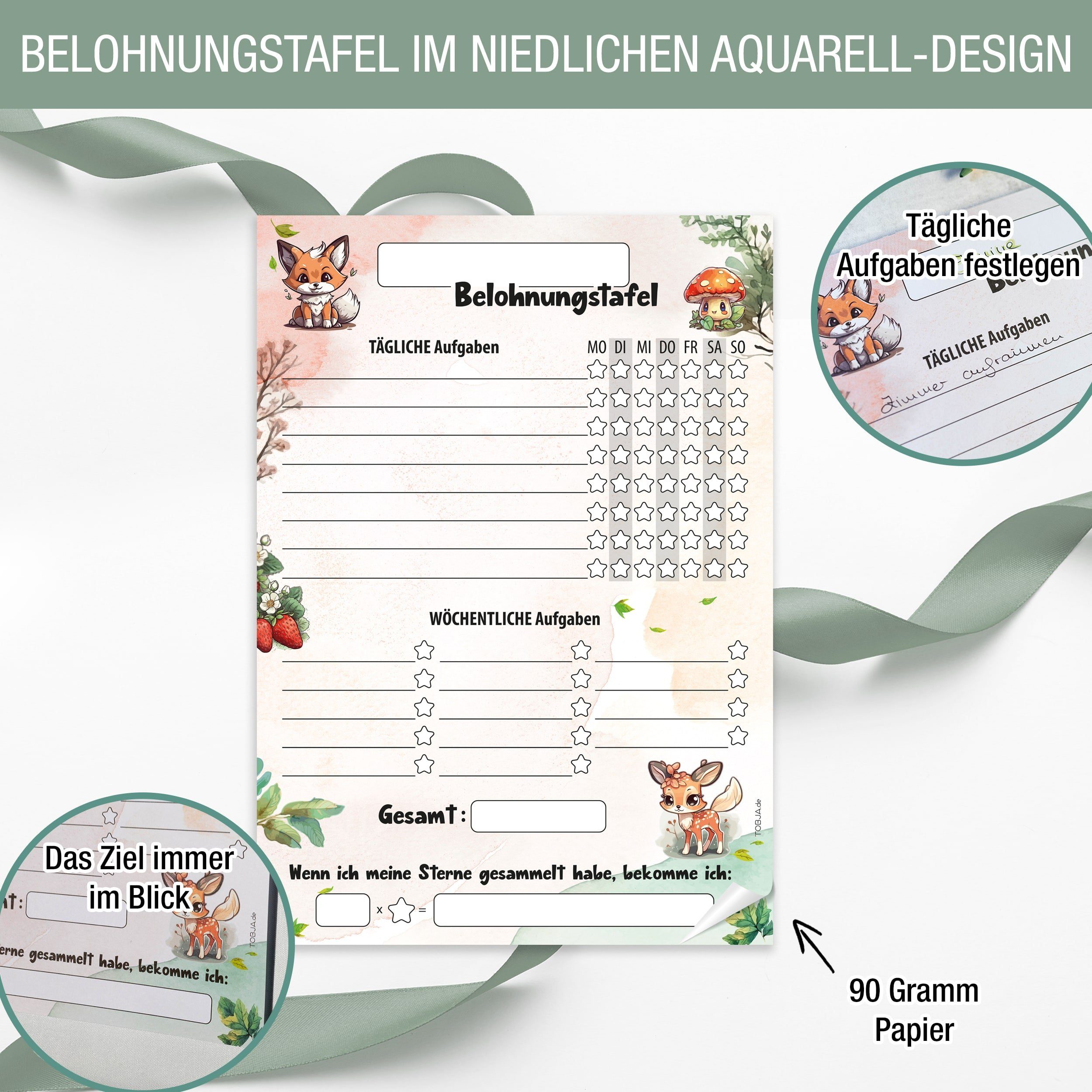 TOBJA Notizblock Belohnungstafel Kinder A4 Block Waldtiere, Motiviert Kinder ab 3 Belohnungssystem