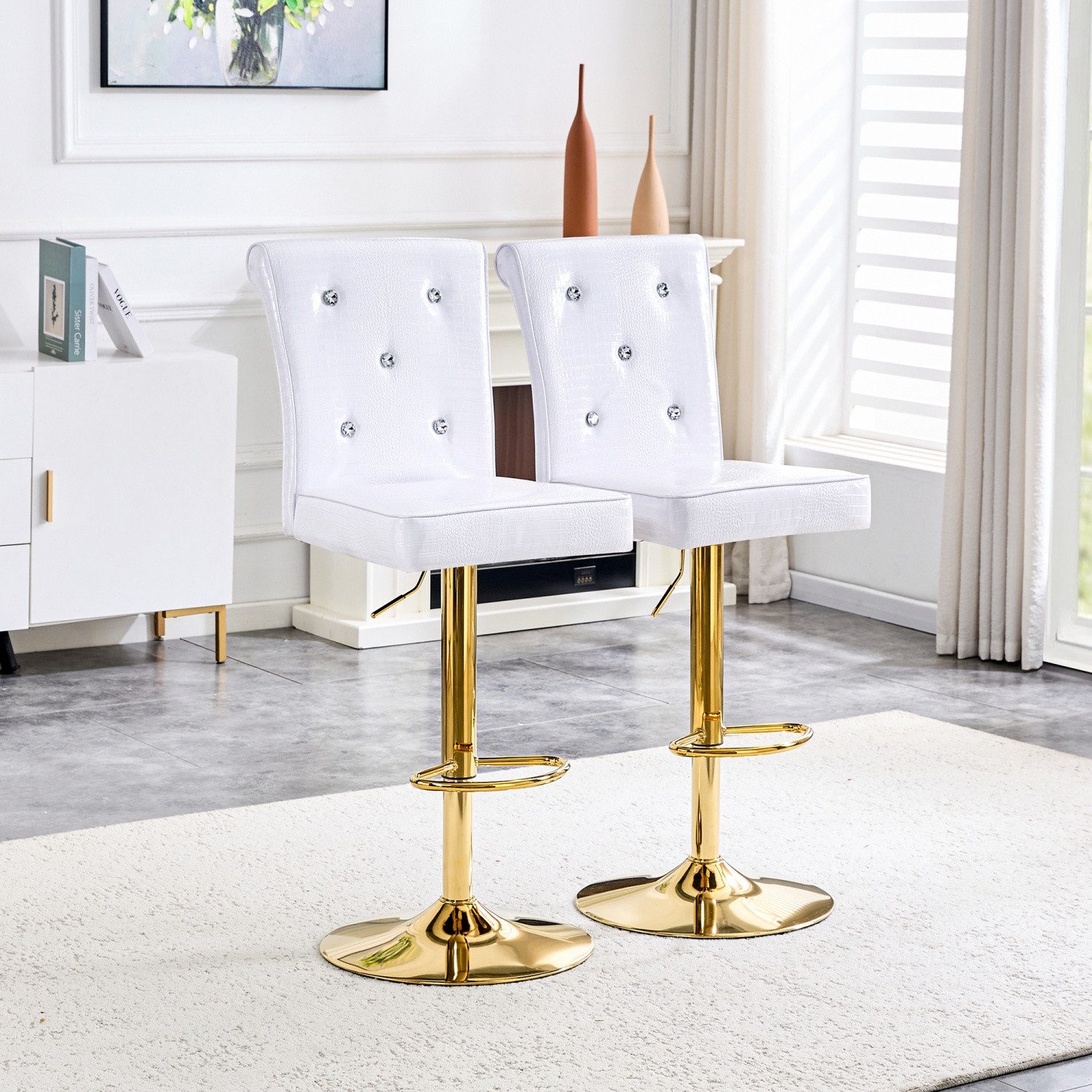 ANYSUN Barhocker Gepolsterter Barstuhl mit Rückenlehne und Fußstütze, 360° drehbar (2er-Set mit Kristallknopf-Design und Kunstleder-Design, 2 St), Höhenverstellbar Barstuhl Ideal für Küche, Esszimmer, Bar& Restaurant
