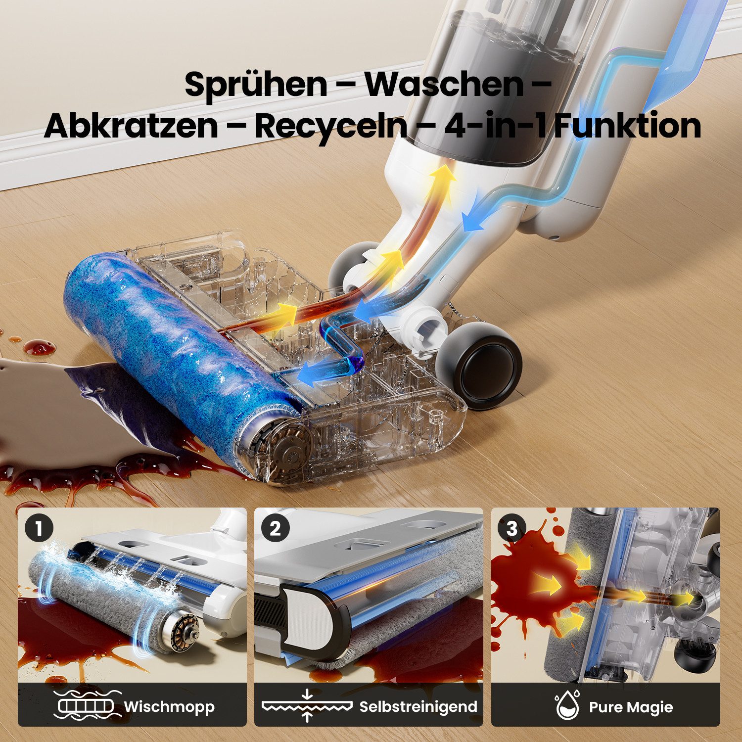Proscenic Nass-Trocken-Akkusauger 2026 4 in 1, 20000Pa&350W, Selbstreinigung, 60min Laufzeit, 350 W, beutellos, Doppel-Tanksystem 650ml, Kantenreinigung <0,7mm
