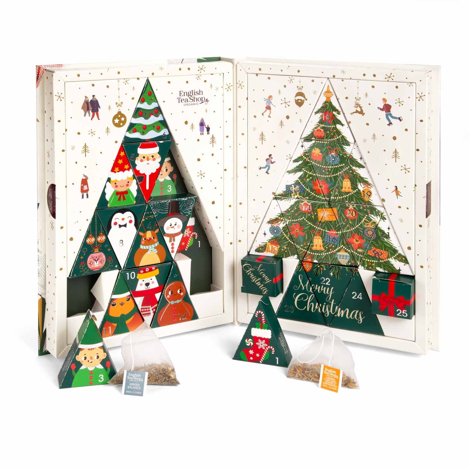 English Tea Shop Tee Adventskalender "Teebuch", BIO, 24 x Weihnachtstee in Pyramidenbeutel, Verschiedene Früchte-, Kräuter, Weihnachts- Teemischungen