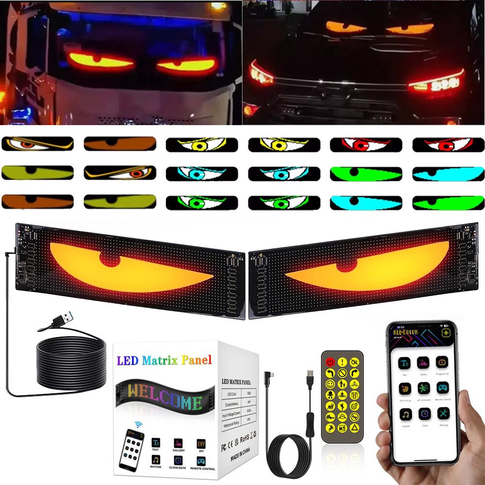 PRIISF Autosonnenschutz LED Augen für Lkw und Auto Devil's Eyes Auto Dynamische Augenlampe DIY, (Großer Programmierbarer Flex LED Display Auto, DIY Auto Dynamische LED Smart Bunte Augenlampe Soft Screen), Devil's Eye Lampe LED-Bildschirm Auto-Augenlicht Lkw