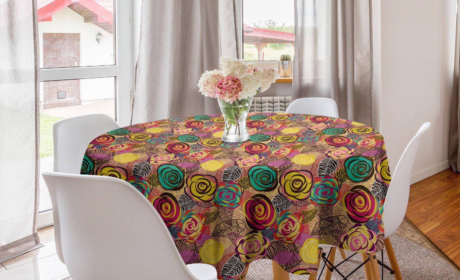 Abakuhaus Tischdecke Kreis Tischdecke Abdeckung für Esszimmer Küche Dekoration, Abstrakt Bunte Rosen-Blüten