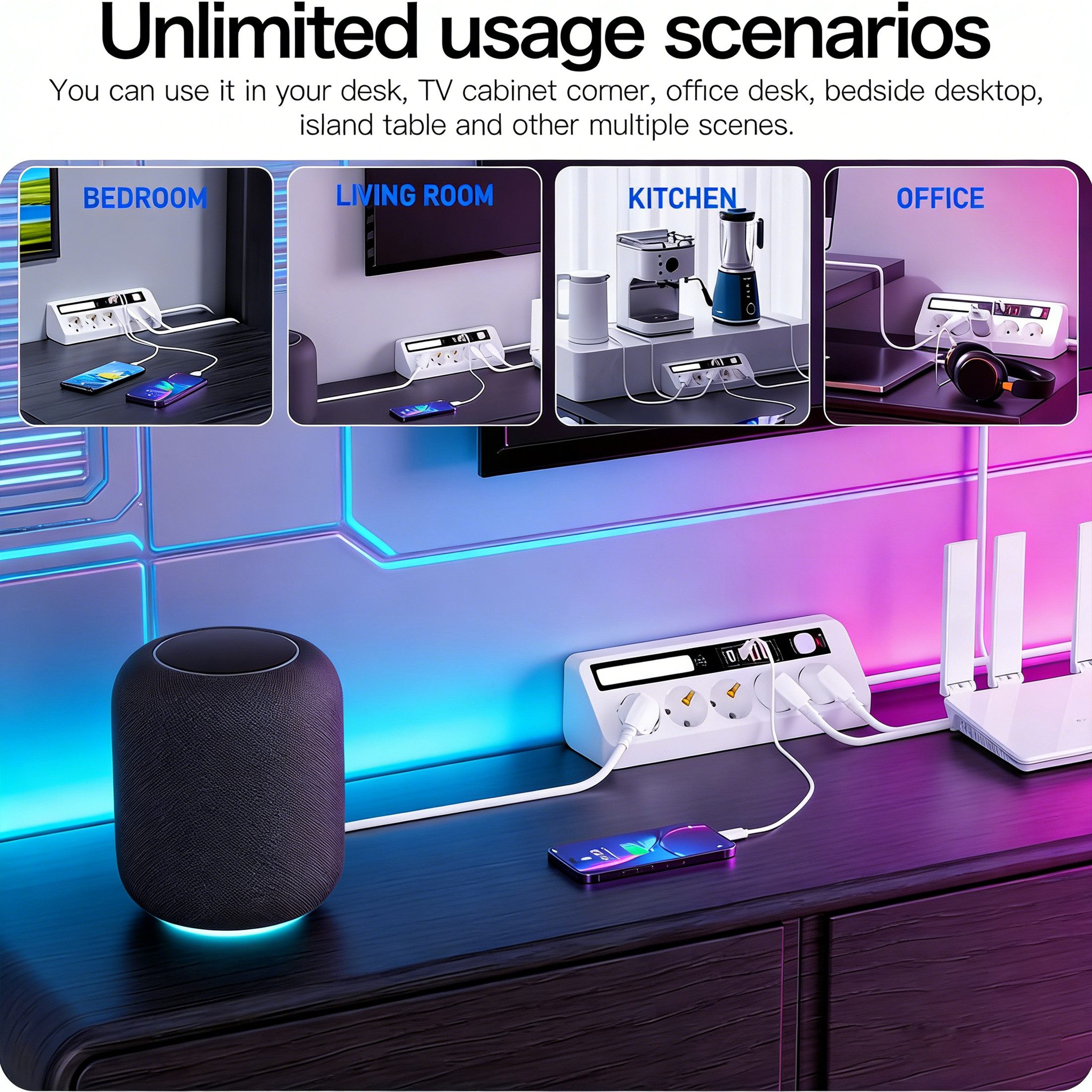Luckice Tischsteckdosenleiste mit 5 Steckdosen,Eck-Steckdosenleiste Mehrfachsteckdose 9-fach (Ein-/Ausschalter, USB-Anschlüsse, 4 USB-Ports (PD 35 W & 20 W), LE – Bild 4 von 5