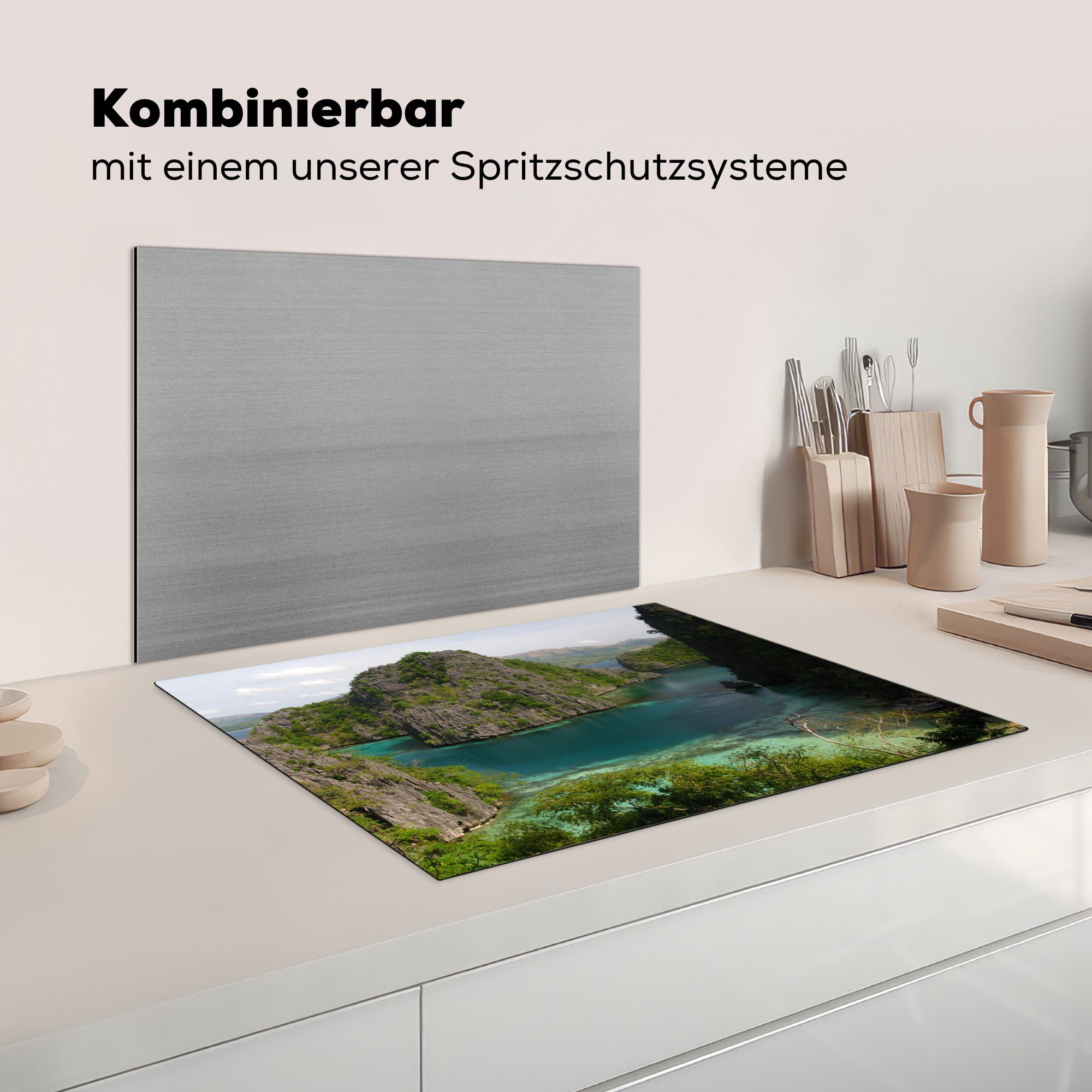 - Insel - Arbeitsfläche Meer, - Herdblende-/Abdeckplatte MuchoWow Vinyl, - tlg), (1 Mobile cm, Ceranfeldabdeckung Fels 70x52 Moos Pflanze nutzbar,