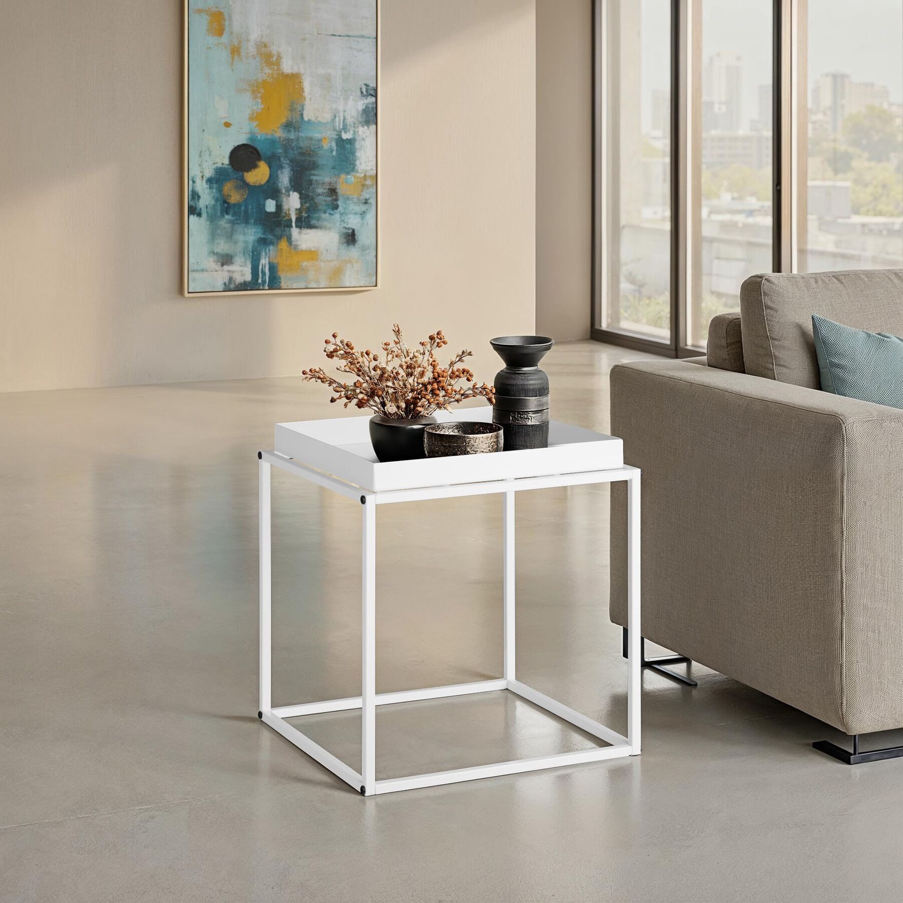 tectake Beistelltisch Ablagetisch, 40 x 40 x 44 cm, mit bodenschonenden Anti-Rutsch-Pads (Sofatisch Cambridge, 1-St., in weiß), Stahl, ausgestattet mit Ablage in Tablettform, lässt sich stapeln