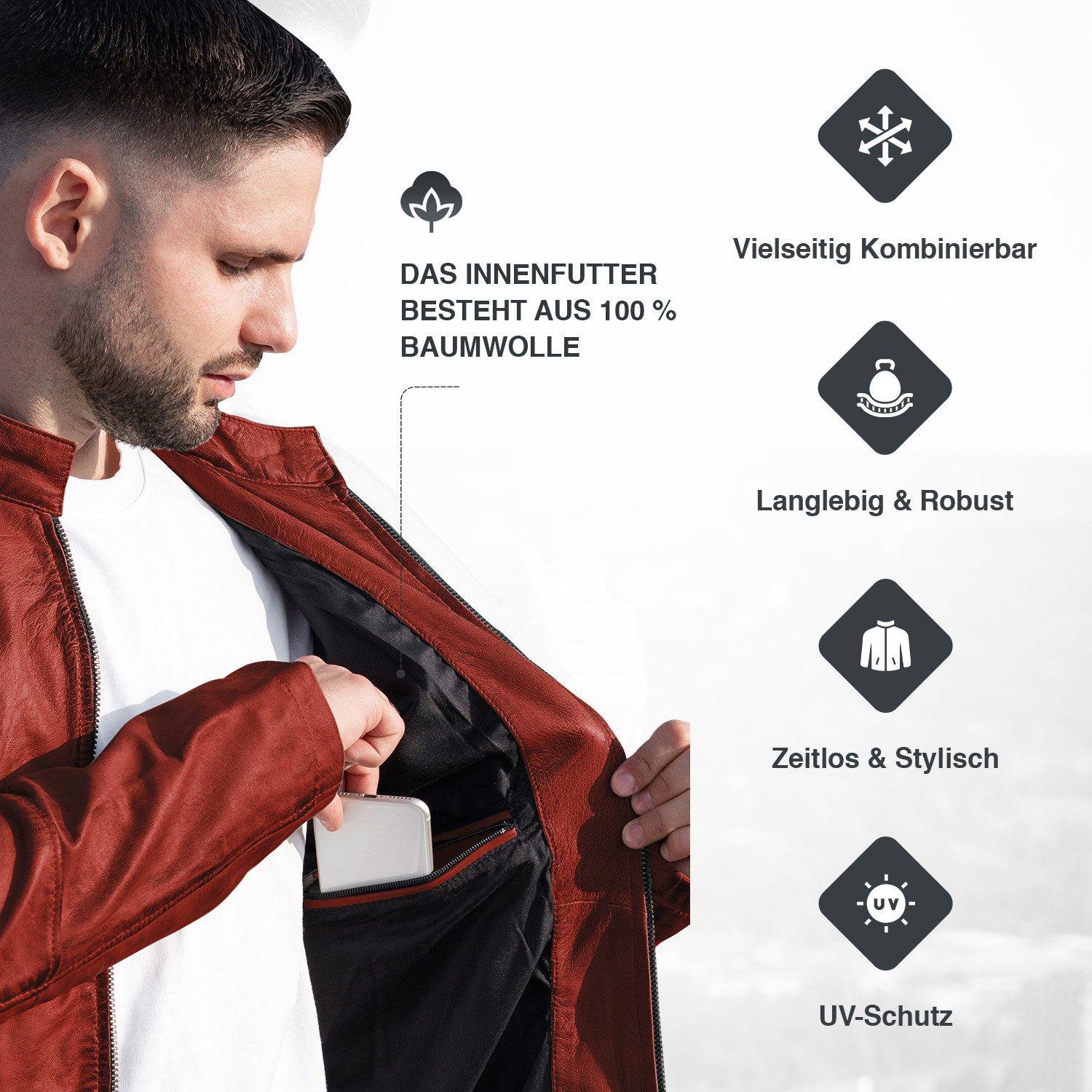 PAULGOS Lederjacke Herren Jacke Übergangsjacke Biker Look 100% Echtleder D3 – Bild 4 von 5