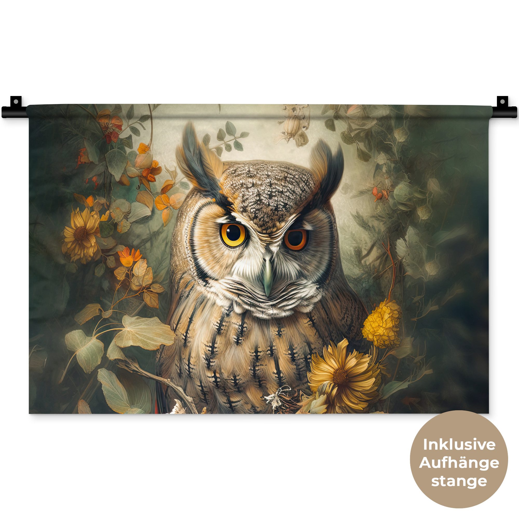 MuchoWow Wandteppich Eule - Vögel - Blumen - Natur, Rechteckig, Höhe: 3 mm, Wandteppich für Wohnzimmer, Schlafzimmer, 60x40 cm