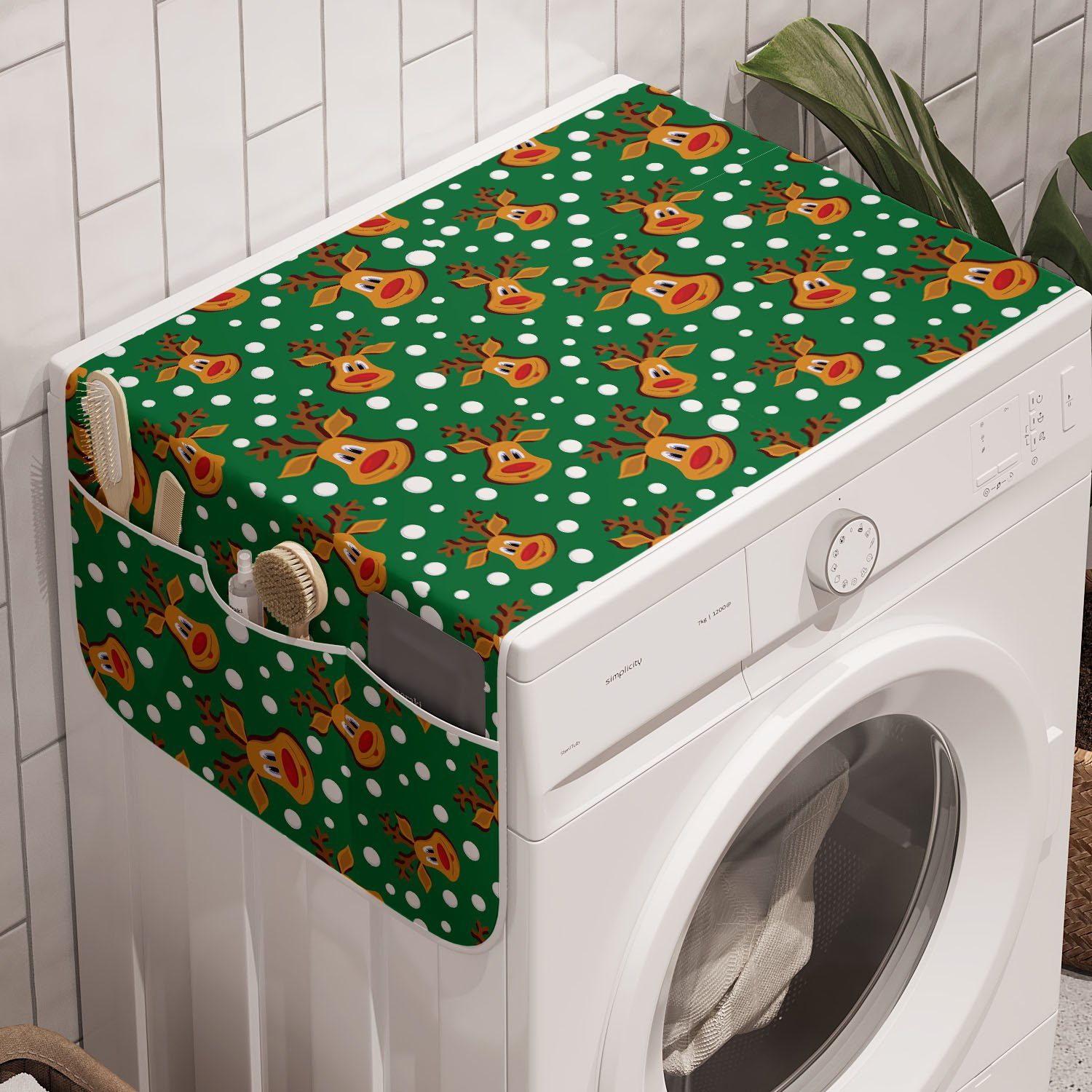 Abakuhaus Badorganizer Anti-Rutsch-Stoffabdeckung für Waschmaschine und Trockner, Grünes Weihnachten Cartoon Deer Schneeflocken