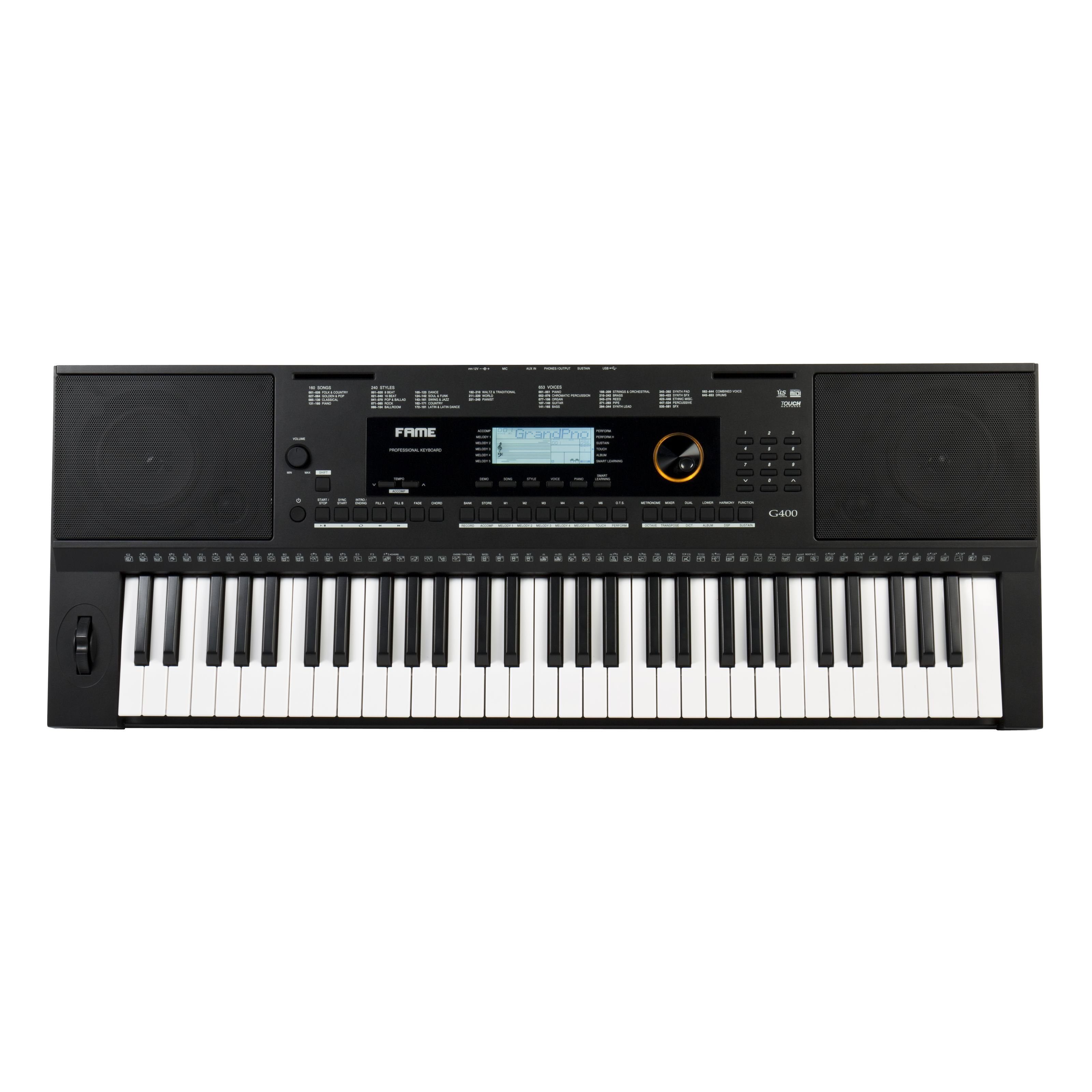 FAME Home-Keyboard (G-400 Keyboard, E-Piano mit 128-facher Polyphonie, 61 Tasten, 240 Styles, 653 Sounds, anschlagdynamischer Klaviatur, Lautsprechern und Hammermechanik, Schwarz), G-400 Keyboard, E-Piano, 61 Tasten