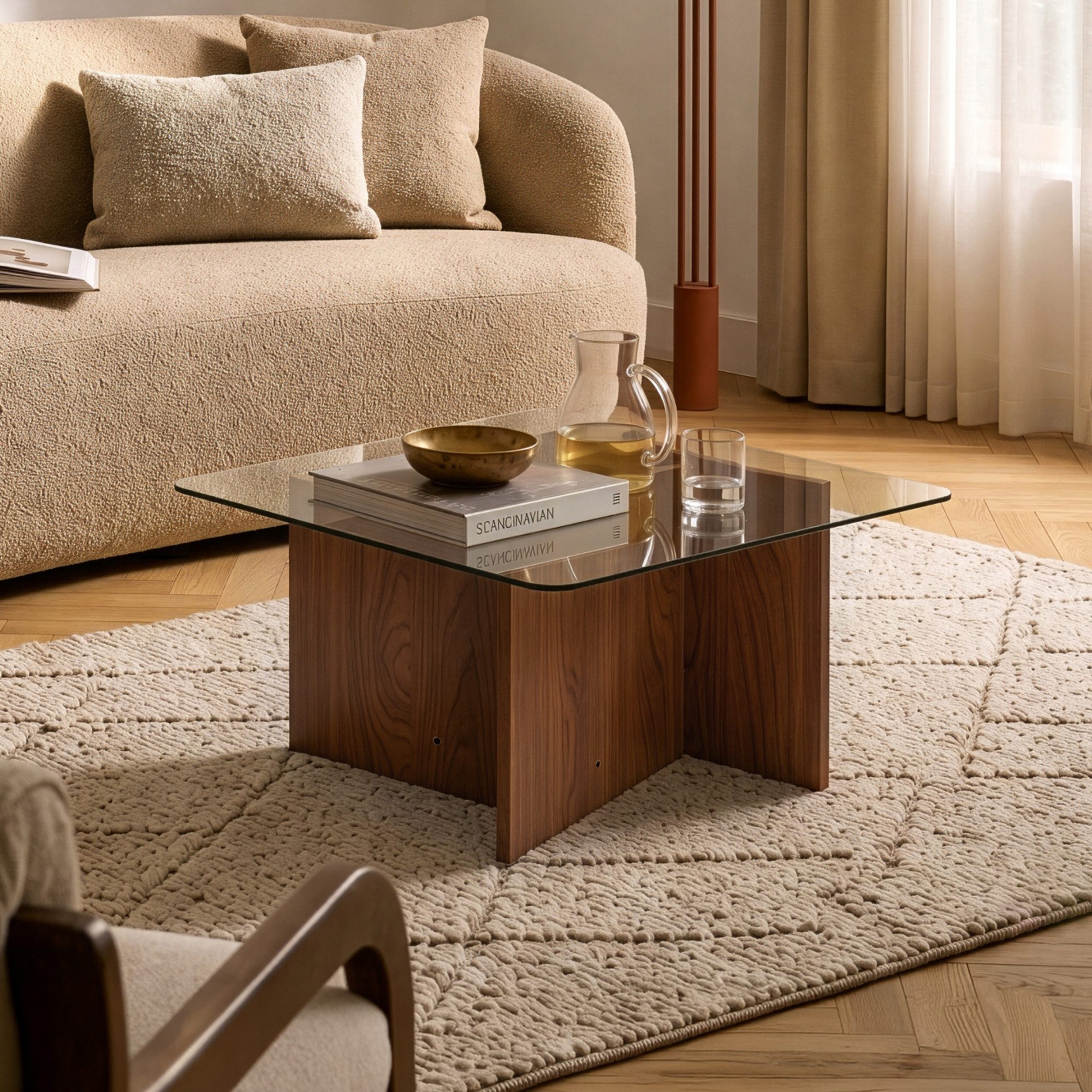 en.casa Couchtisch, »Benexjö« 70x70x36 cm mit Glasplatte quadratisch Walnussoptik/Grau