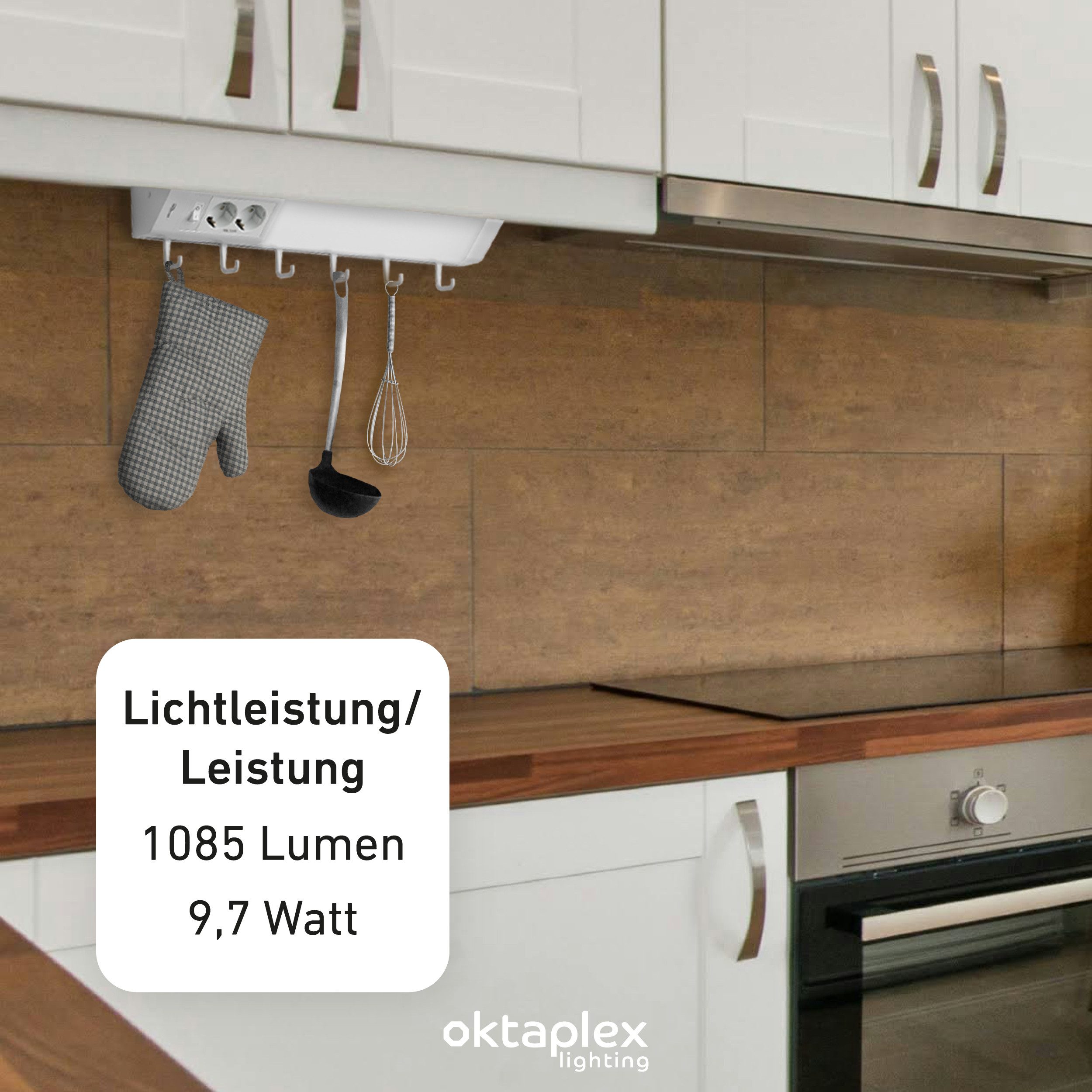 Oktaplex lighting LED Unterbauleuchte Talin 50cm Leuchte mit Steckdose 1085lm 9,7W, LED, warmweiß, 3000K Unterschrankleuchte mit Schalter und Hacken