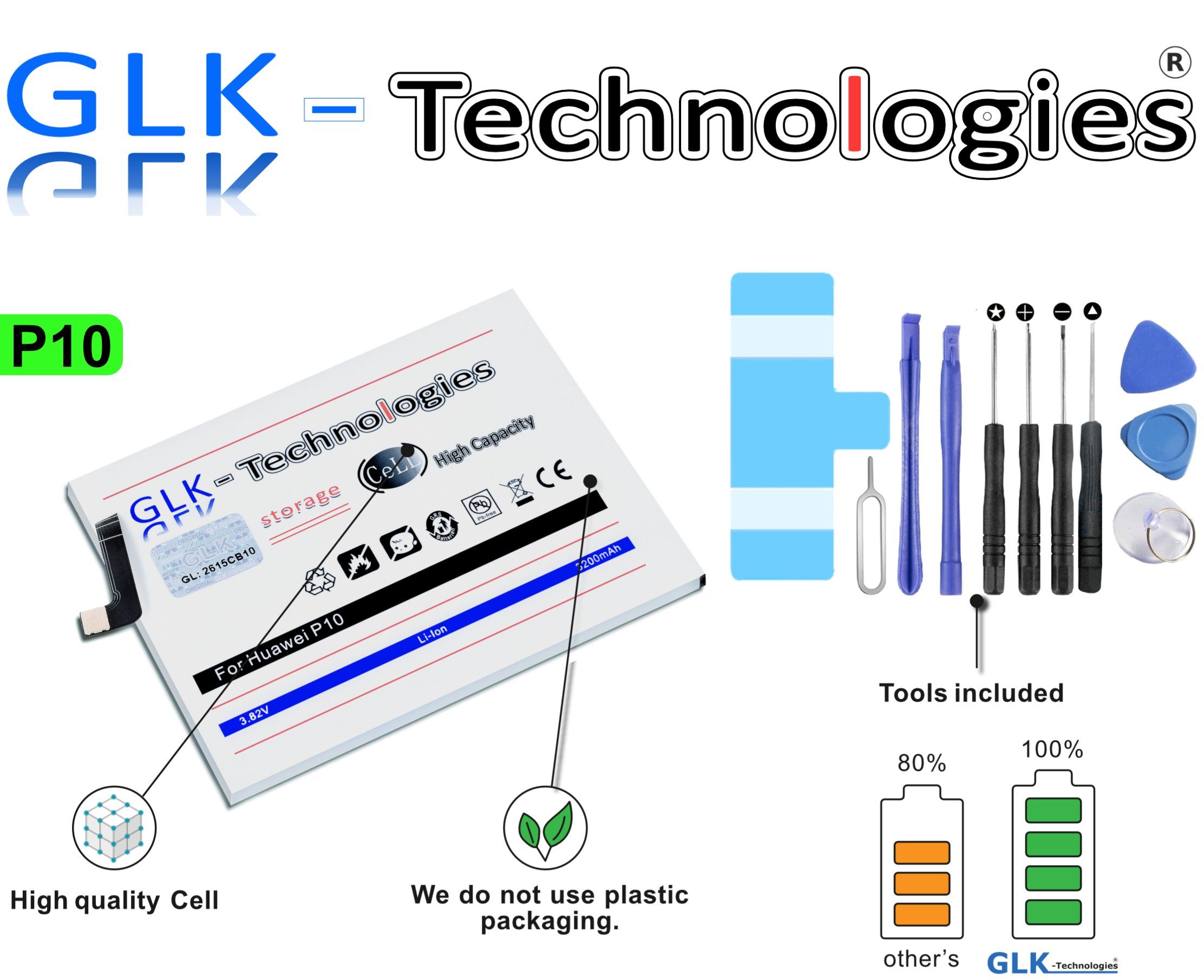 GLK-Technologies V) für 3200 mAh Smartphone-Akku P10 Akku High Ersatz Huawei (3,8 Power