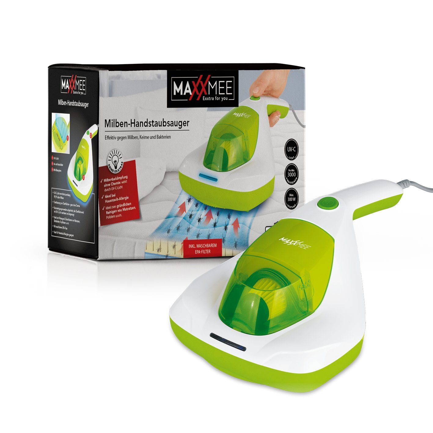 MAXXMEE Matratzenreinigungsgerät Milben-Handstaubsauger Kompakt UV-C Licht 300W