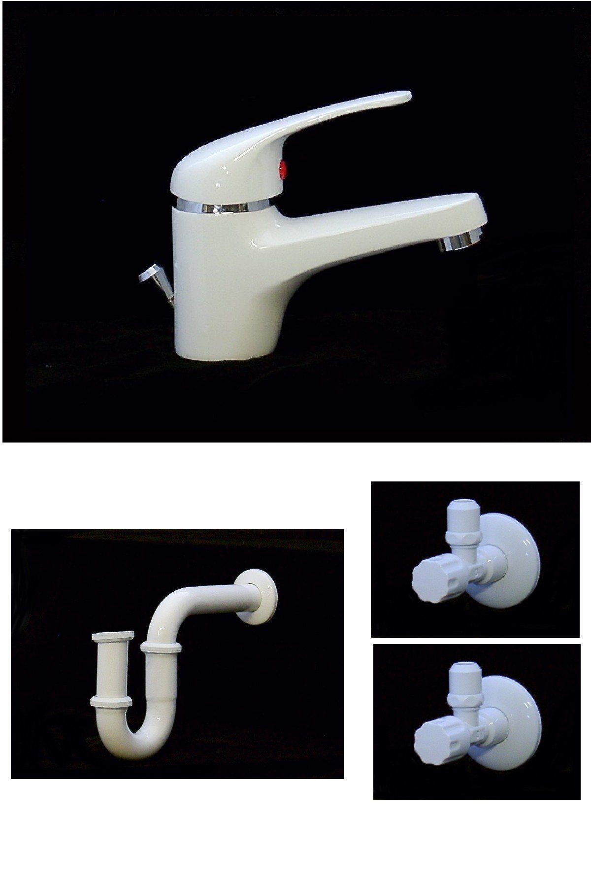 Wagner Armaturenwelt Waschtischarmatur Waschbecken Bad Wasserhahn Armatur Siphon 2 Eckventile Weiss