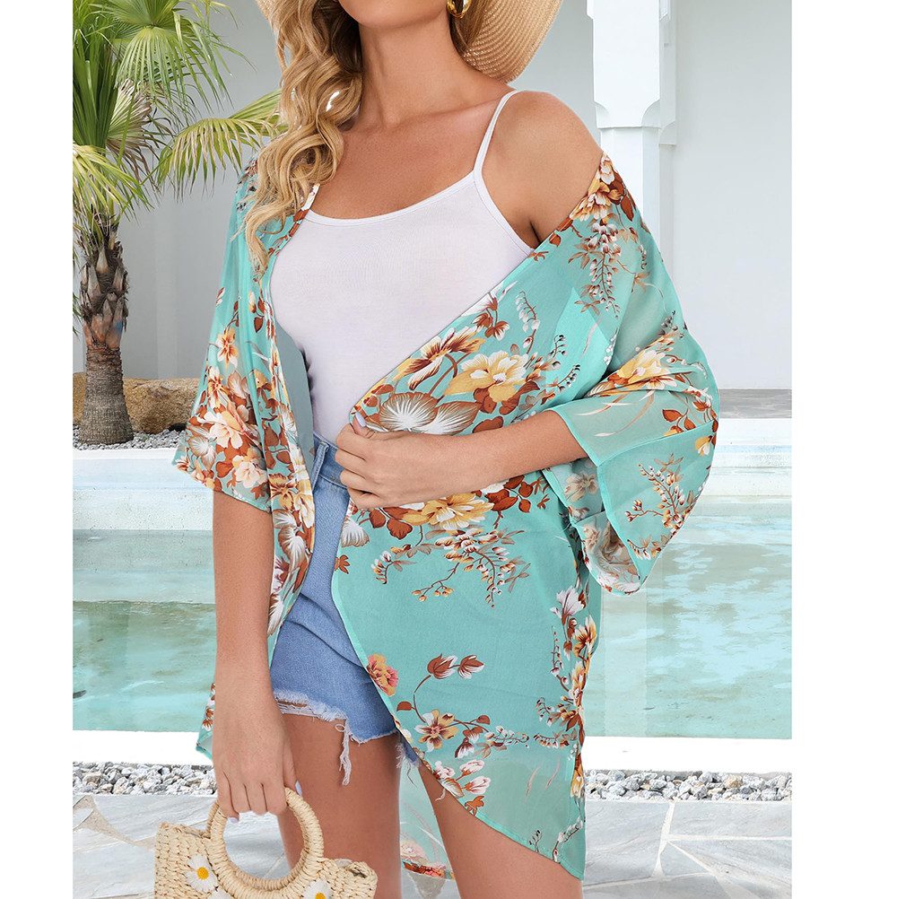 Zaewry Kimono Damen Kimono Cardigan, Sommer-Strandbluse, lockere Strandtunika, Floraler Druck, leichte Strandüberwurf, luftig für Urlaub und Strand – Bild 5 von 5