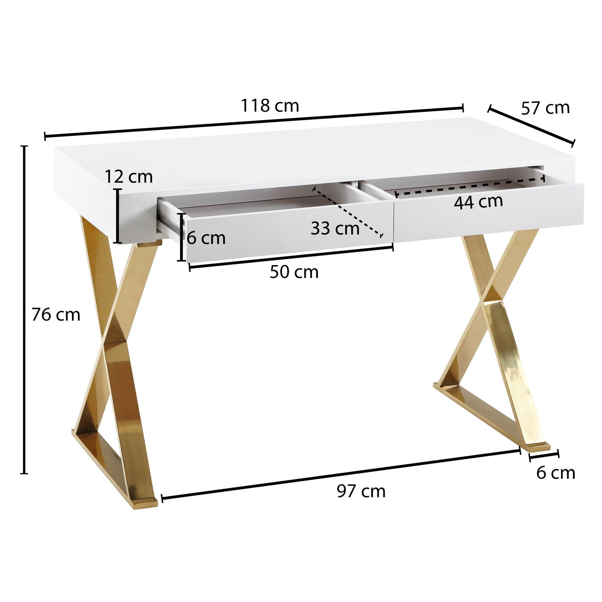 FINEBUY Schreibtisch FB65515 Hochglanz Weiß Gold 118 cm Holz Computertisch Tisch Büro (118x76x57 cm Hochglanz Weiß, Metallbeine Golden), Computertisch Homeoffice, PC-Tisch mit Schubladen