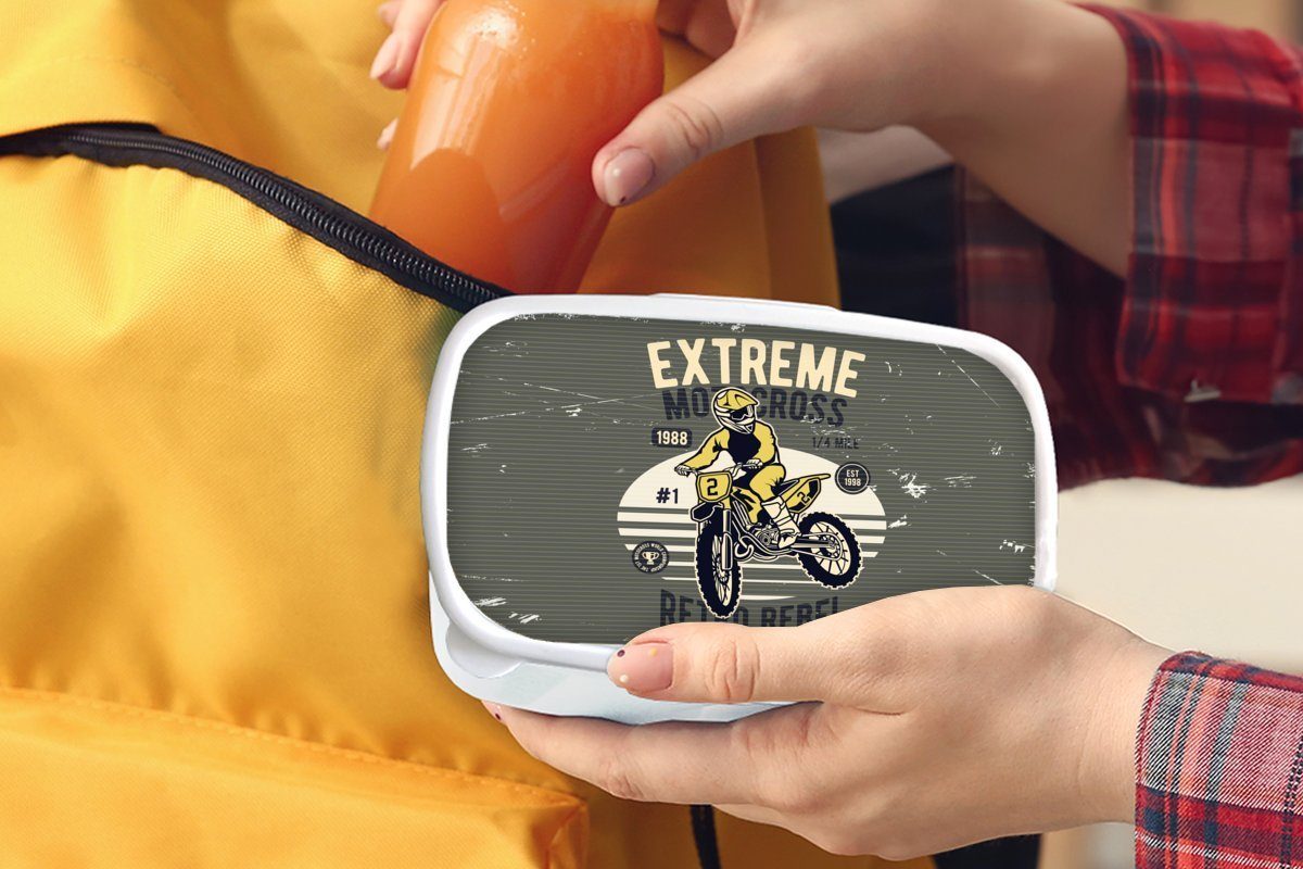 MuchoWow Lunchbox Motorrad - Gelb Kinder Brotbox (2-tlg), - Brotdose, Retro, für für Mädchen Kunststoff, und und weiß Erwachsene, Jungs