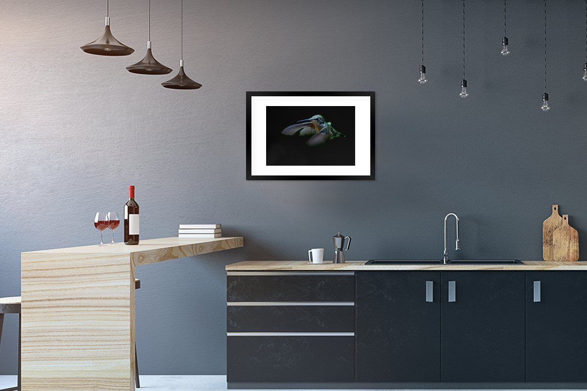 MuchoWow Poster Kolibri - Federn - Schwarz, (1 St), mit Rahmen, Kunstdruck, Gerahmtes Poster, Schwarzem Bilderrahmen