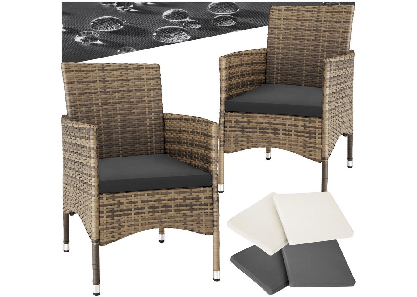 tectake Rattanstuhl 2er-Set Terrassenstühle, jeweils 59 x 57 x 85 cm, UV-beständig (Balkonstühle Nantes, 2 St), Polsterbezüge in Beige und Grau