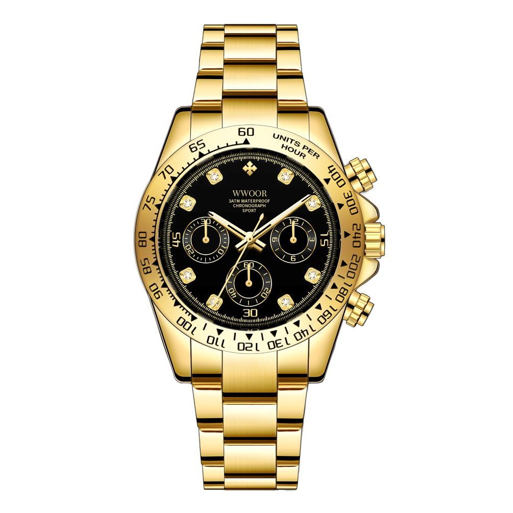 Quarzuhr WWOOR Herren-Armbanduhr, Chronograph, Edelstahl, Gold /Schwarz 8849-GS