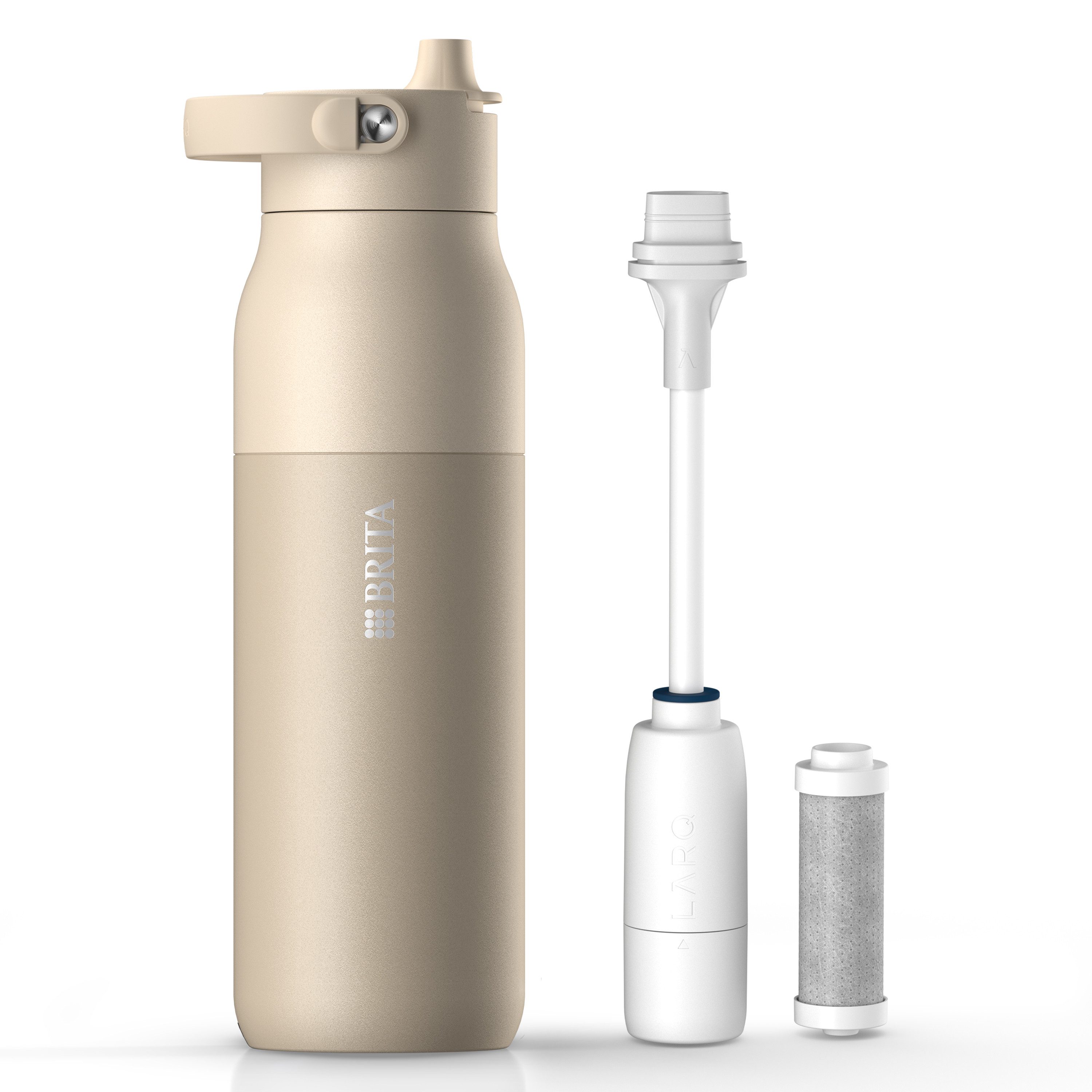 BRITA Trinkflasche BRITA LARQ Essential Filter Trinkflasche (1L) mit Strohhalm, Edelstahl Wasserflasche mit doppelwandiger Isolierung - hält 24h kalt