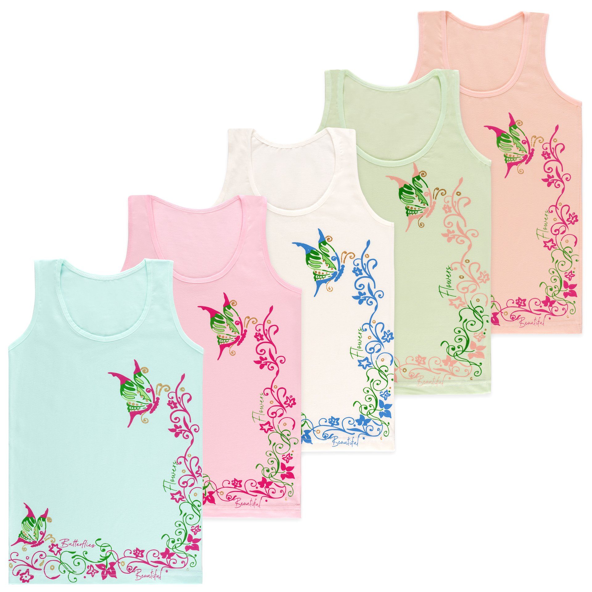 LOREZA Unterhemd 5er Set Mädchen Unterhemden - Schmetterling - Bunt (Set, 5-St., 5er-Pack)