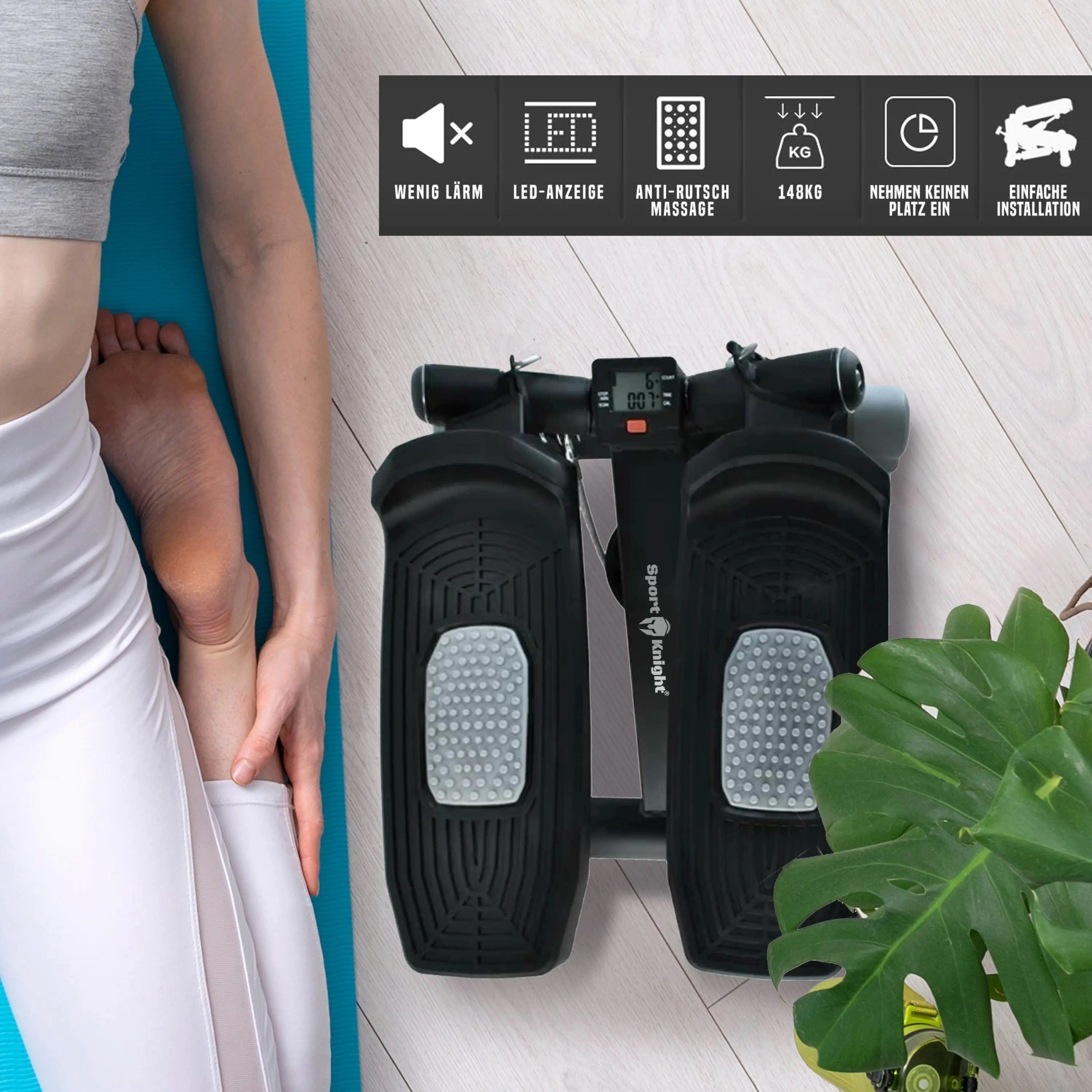 Sport-Knight® Mini-Stepper Aerobic Stepper mit Trainingsbändern - LCD-Monitor, Tempoanzeige, Twist-Stepper mit Resistancebändern und LCD-Trainingscomputer