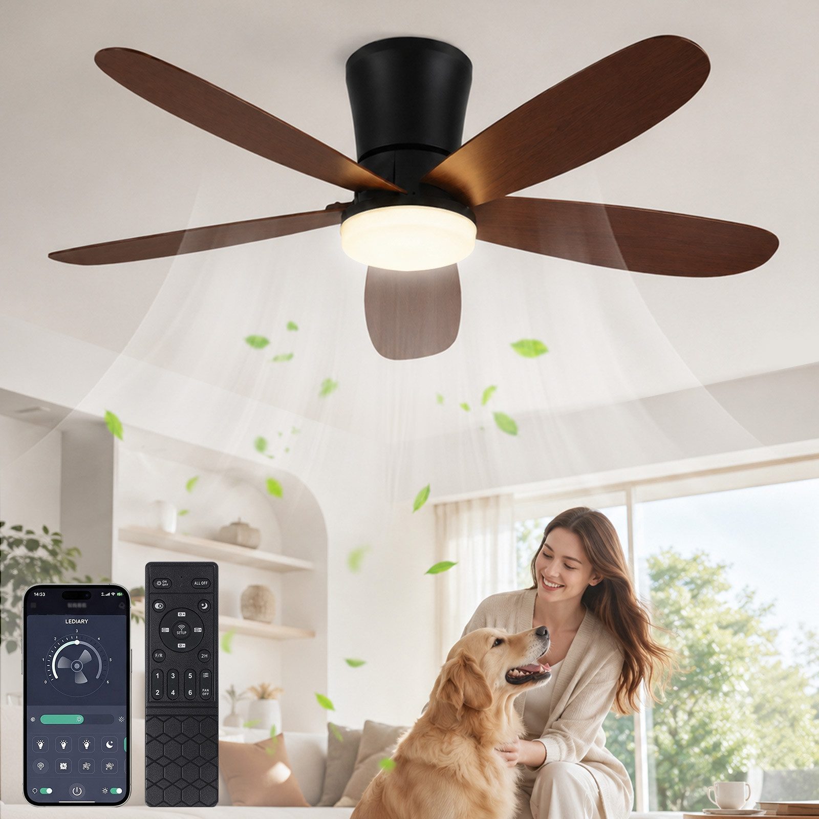 Sunicol Deckenventilator mit Beleuchtung, Leise Ventilator, Dimmbar, mit Fernbedienung&APP, Ventilator mit Deckenlampe 6 Geschwindigkeiten, 3 Farbtemperaturen