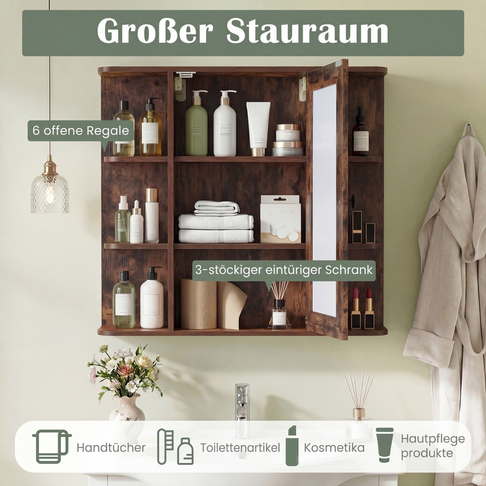 COSTWAY Spiegelschrank Badschrank mit 3 Innenablagen & 6 offenen Fächern