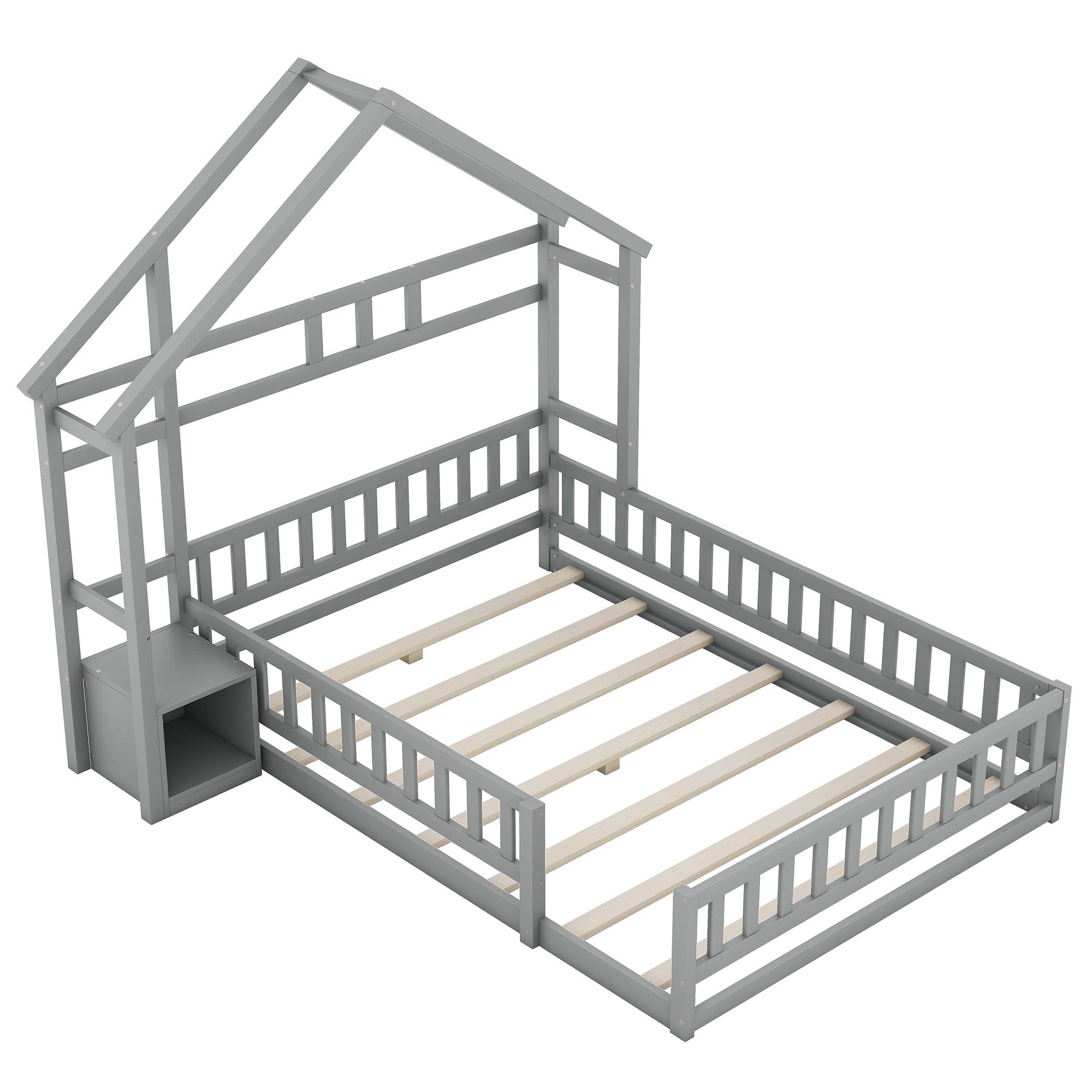 mit x Holzbett Geländer), ohne REDOM Hausbetten Flachbetten, Funktionsbett Matratze Nachttischen (mit Grau 200cm, Doppelbett 140 Kinderbett