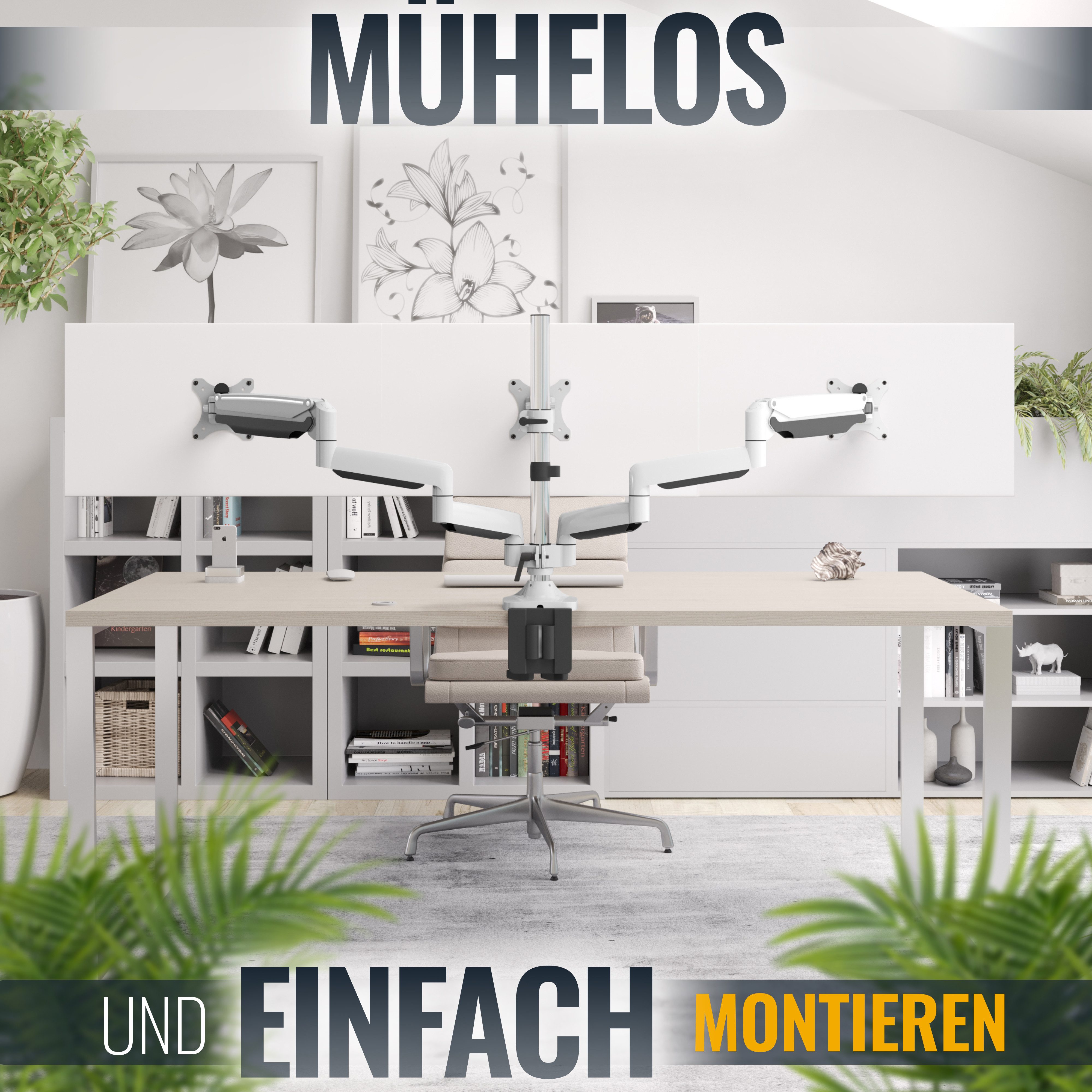 RICOO Monitor-Halterung 3 Monitore Tischhalterung höhenverstellbar schwenkbar neigbar TS9911, (bis 27 Zoll, VESA 75x75 und 100x100, 1-tlg., min. 1 Kg - max. 7 kg, von 32-68 cm (13"-27) Bildschirm-Diagonale, Neigbar +/-90°, Schwenkung des Monitor-Ständer 180)