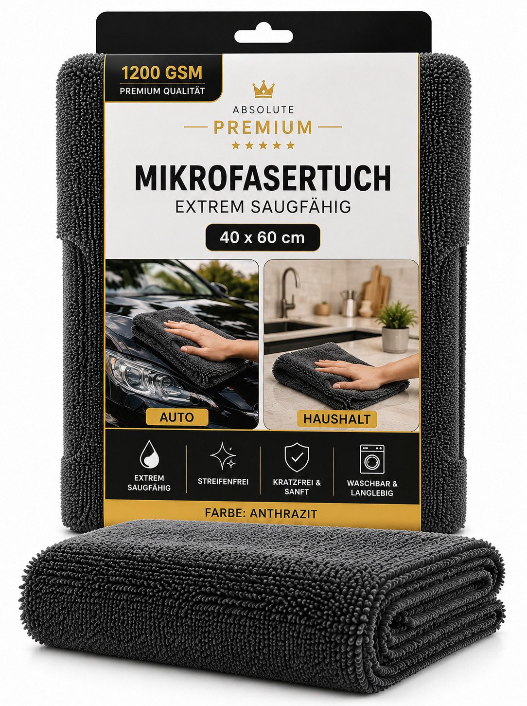 HH-Haushalt Premium Mikrofasertuch 40 x 60 cm Anthrazit 1200 GSM extrem saugstark Pflegetuch (Polyester, 40x60 cm)
