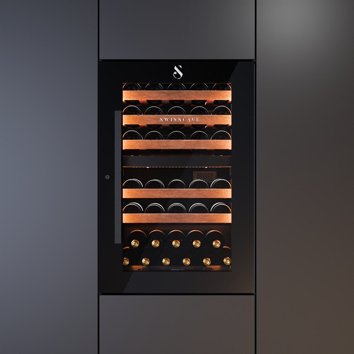 Swisscave Einbauweinkühlschrank WIB-60DF. 2-Zonen, 60cm, 26 Flaschen, 5 Jahre Garantie, für 26 Standardflaschen á 0,75l,2-Zonen Weinkühlung, Sapele-Mahagoni-Regale