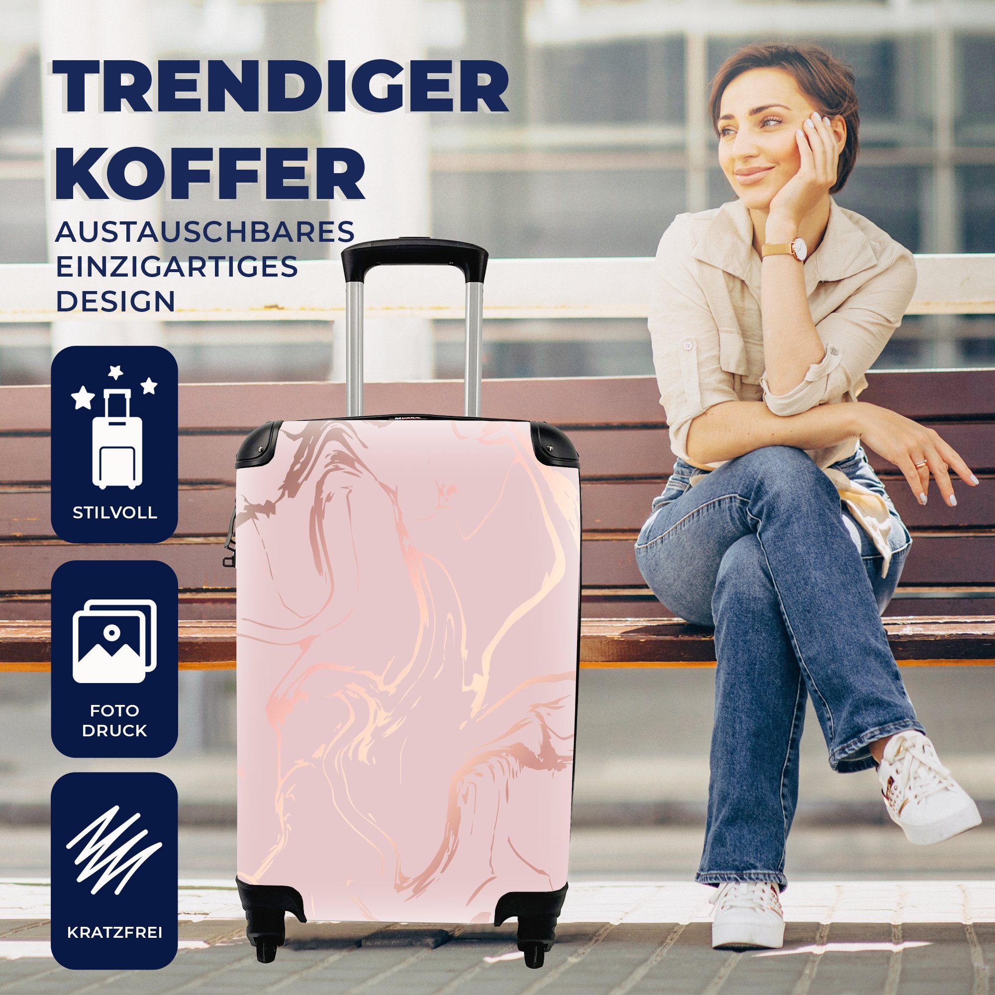 MuchoWow Handgepäckkoffer Reisekoffer 4 - mit Trolley, Rollen, Marmor - Reisetasche Linie, Ferien, rollen, Handgepäck Roségold für
