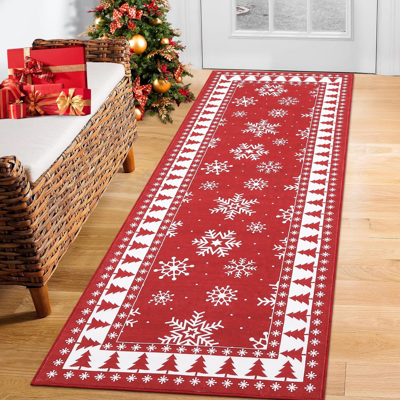GarveeMore Teppich Waschbarer Weihnachtsbereich Teppich Schneeflocke Weihnachtsteppiche – Bild 3 von 3