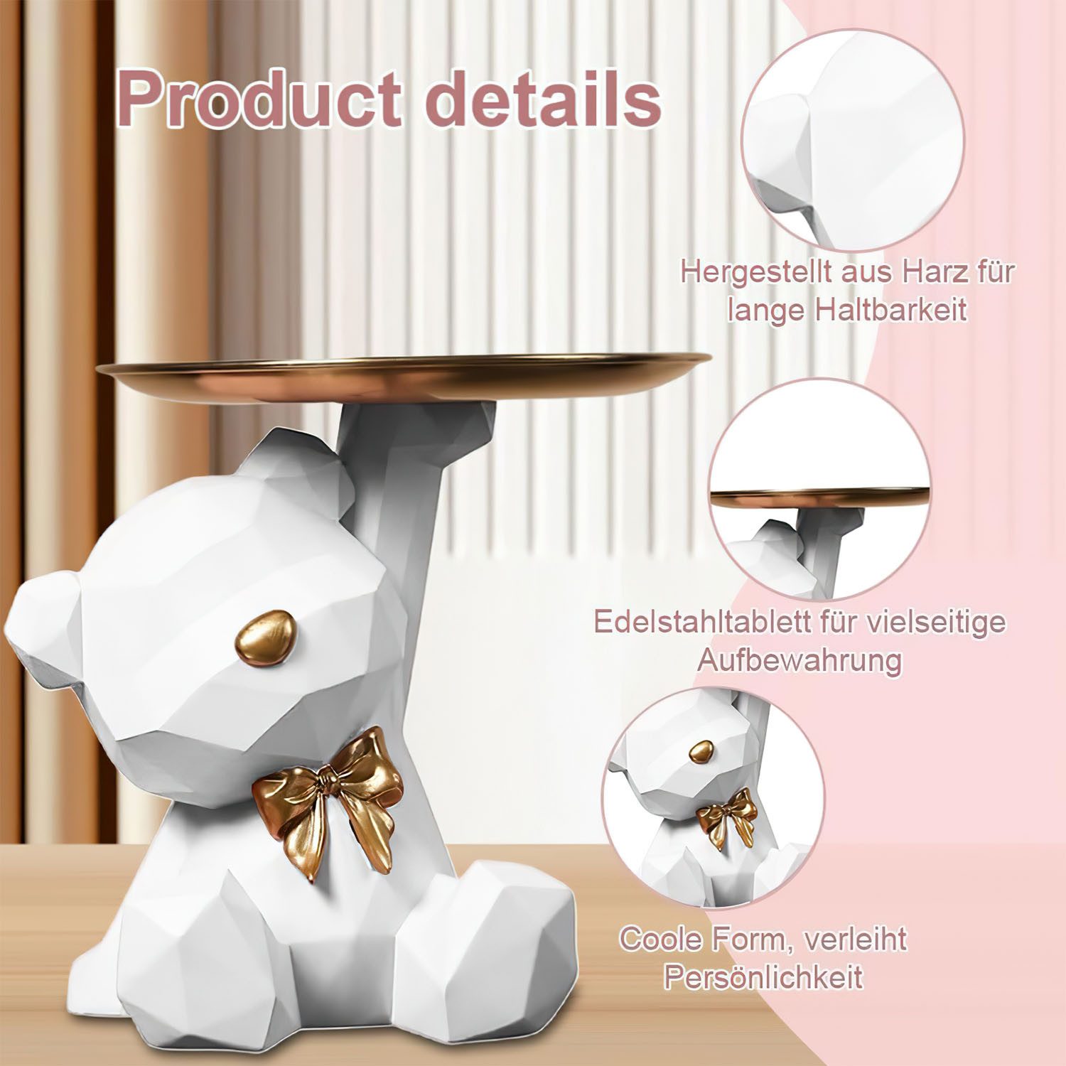 HEYHIPPO Dekotablett Dekofigur Bär mit Tablett – Niedliche weiße Bären-Skulptur aus Harz (Home Desktop Ornamente geeignet für Wohnzimmer Eingang Büro Wohnzimmer – Bild 5 von 5