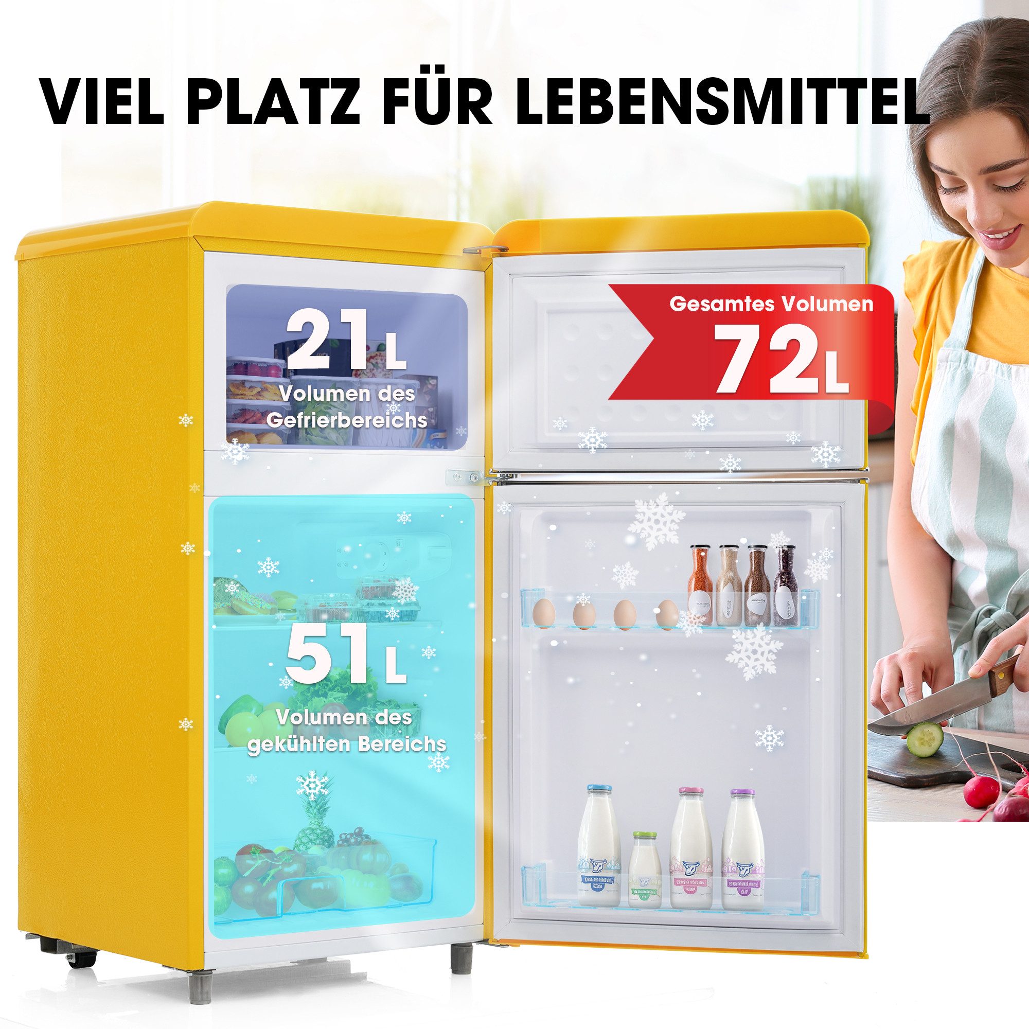 Blossom Kühl-/Gefrierkombination BCD-100C, 89 cm hoch, 45 cm breit, Retro Kühlschrank mit LED-Beleuchtung 21 L Gefrierfach Energieklasse E