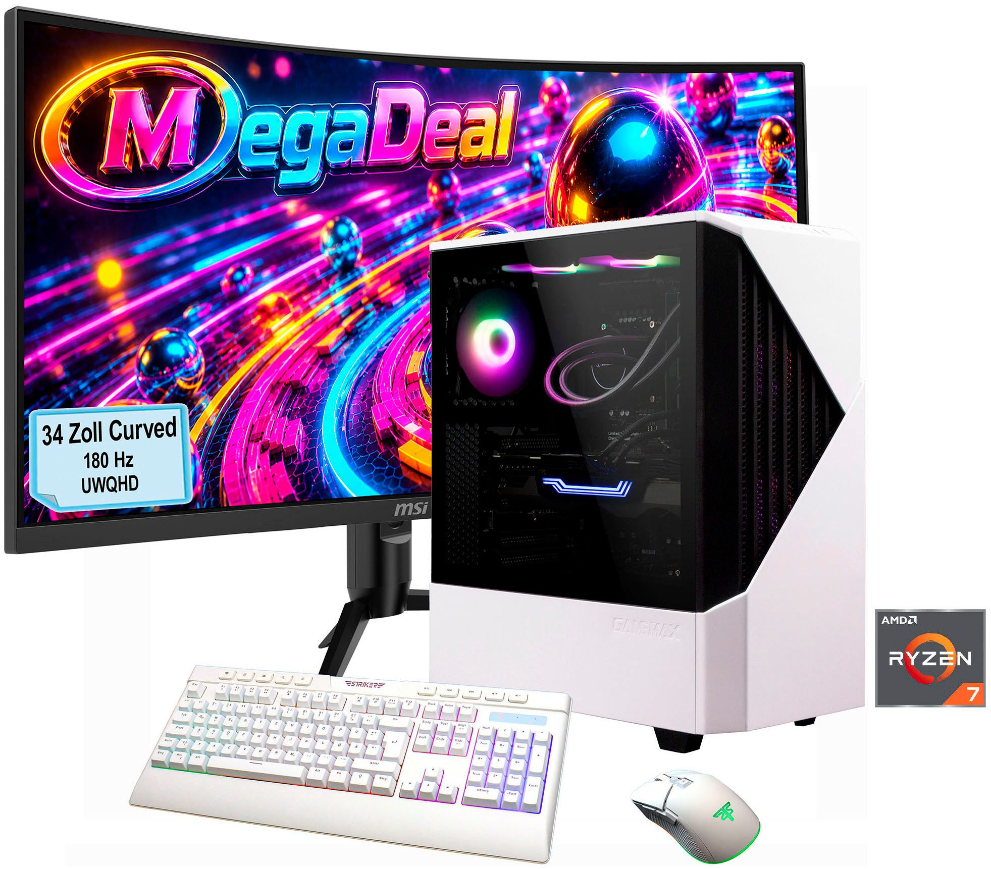 GAMEMAX MegaDeal Horizon 2840 AMD Ryzen 7 9700X 32GB DDR5 1TB SSD RTX 5070 Gaming-PC-Komplettsystem (34", AMD Ryzen 7 9700X, RTX 5070, 32 GB RAM, 1000 GB SSD, Windows 11, DDR5 RAM + MSI MAG 342CQR E2 Curved Monitor 86cm (34)