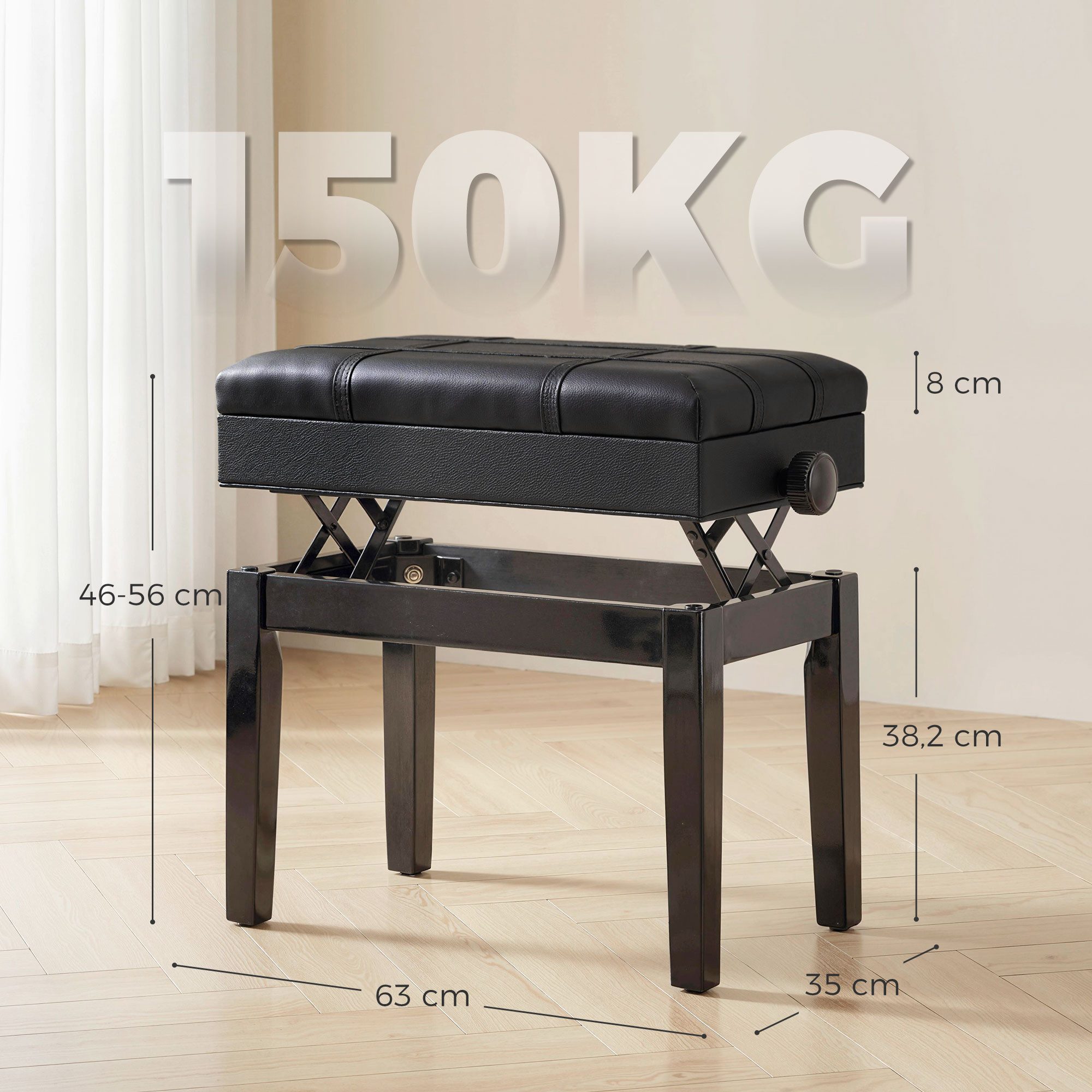 HOMCOM Klavierbank höhenverstellbarer Klavierhocker mit versteckten Stauraum (Pianobank mit Lederkissen, 1-St., Schwarz), 63 x 35 x 46-56 cm
