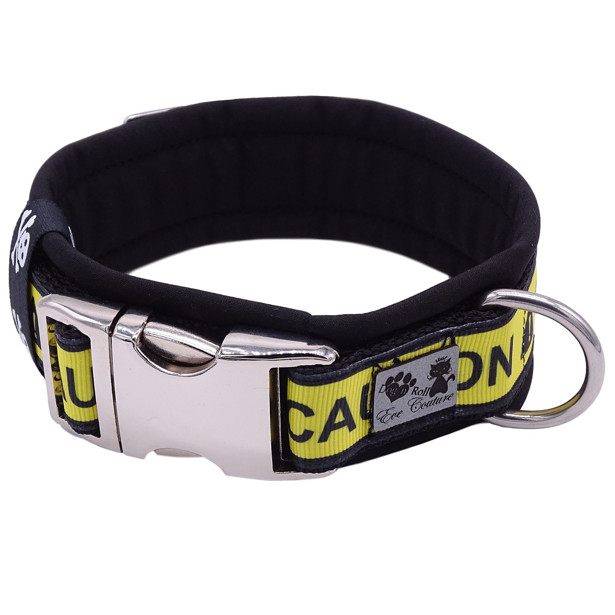 D by E Couture Hunde-Halsband "CAUTION", gepolstert, verstellbar, 40mm breit, Handmade