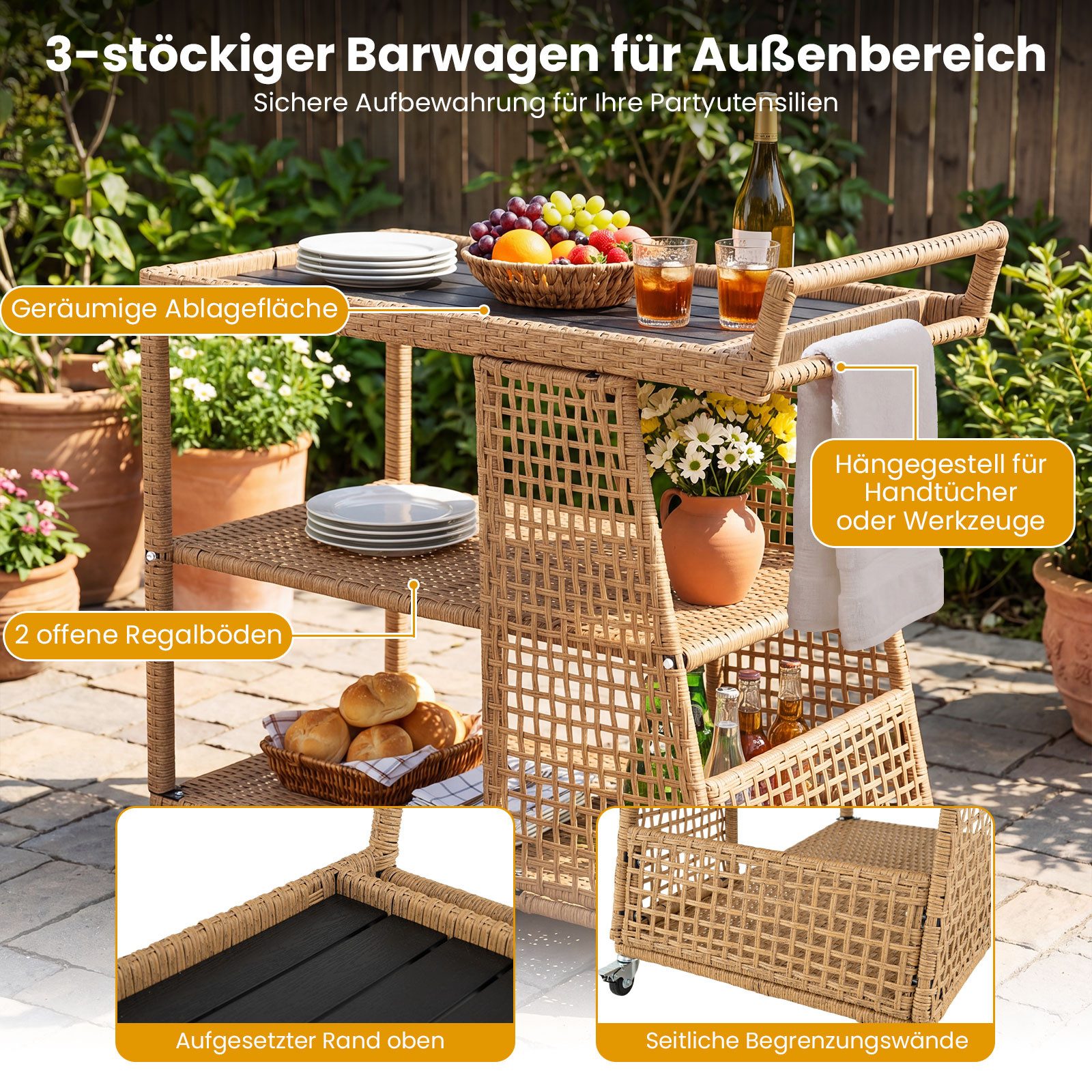 COSTWAY Grillablagetisch (1-St), Servierwagen mit Rollen, Rattan Küchenwagen