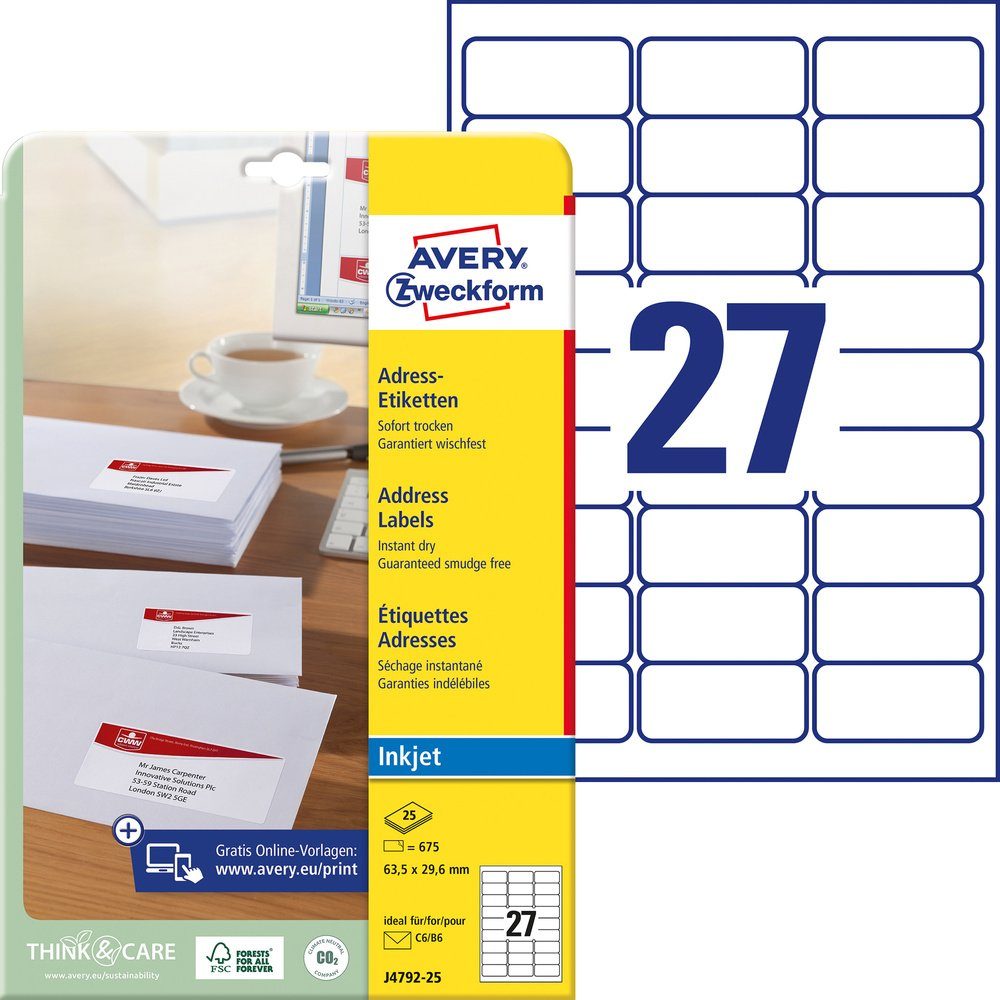 Avery Zweckform Etikett Avery-Zweckform J4792-25 Etiketten 63.5 x 29.6 mm Papier Weiß 675 St.