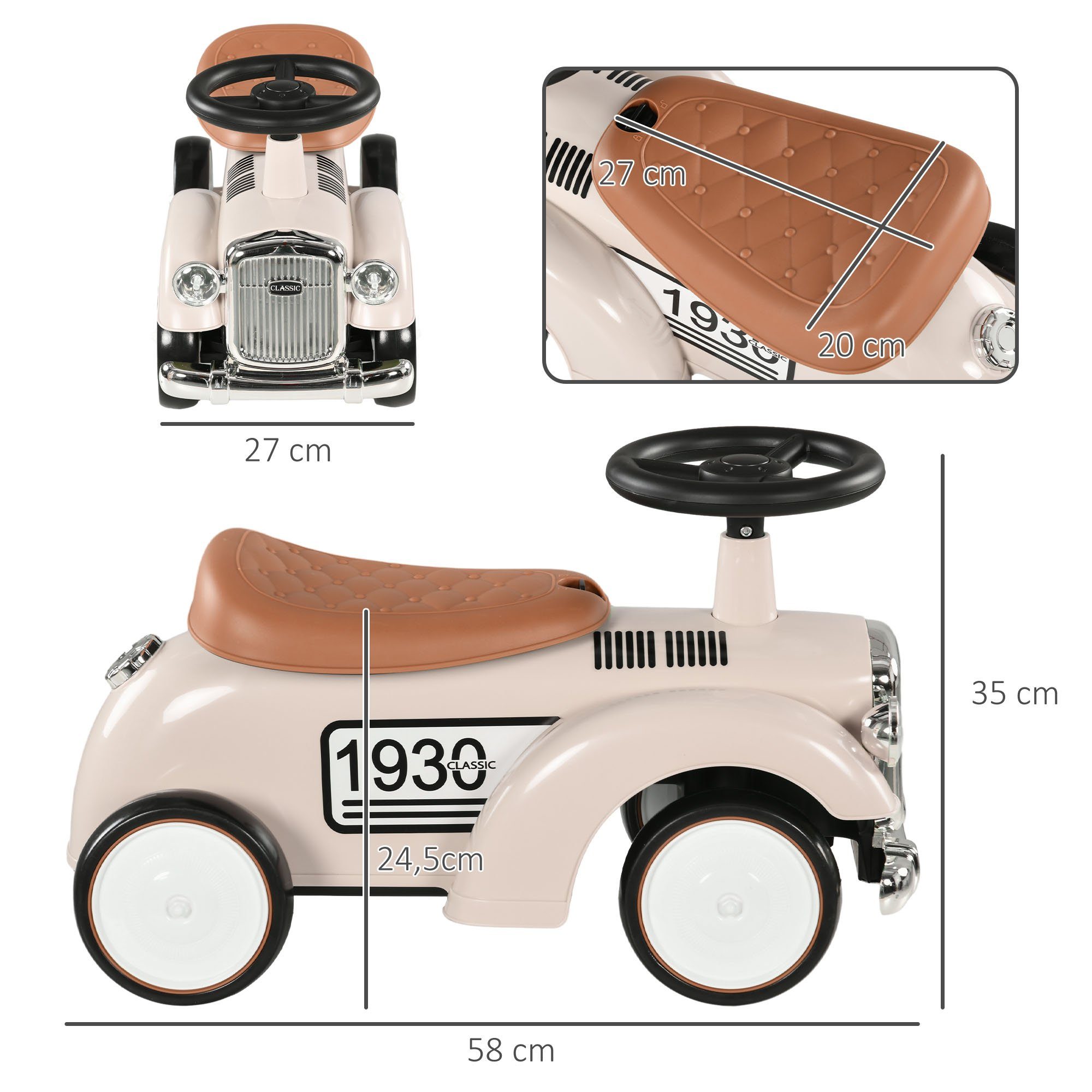 AIYAPLAY Rutscher Kinderfahrzeug, Kinderauto mit Stauraum, Kippschutz, für 1-3 J., (Rutscherfahrzeug, 1-tlg., Kinder Rutschauto), Creme, 58 x 27 x 35 cm
