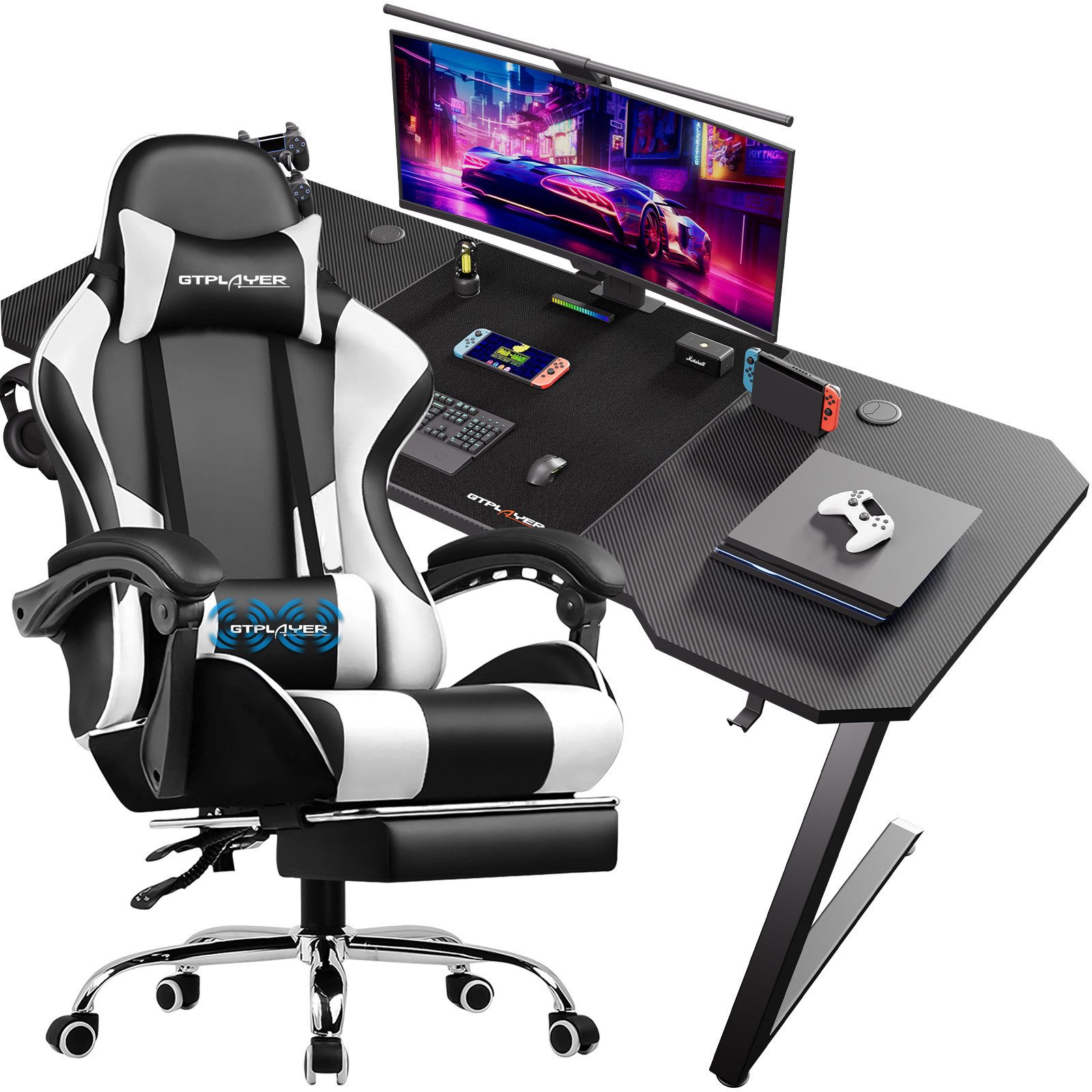 GTPLAYER Gaming-Stuhl Bürostuhl mit Massagefunktion, Fußstütze, Kopfstütze (Packung), Ergonomischer Gamer Stuhl Maximale Belastung 150 kg, 360° drehbar