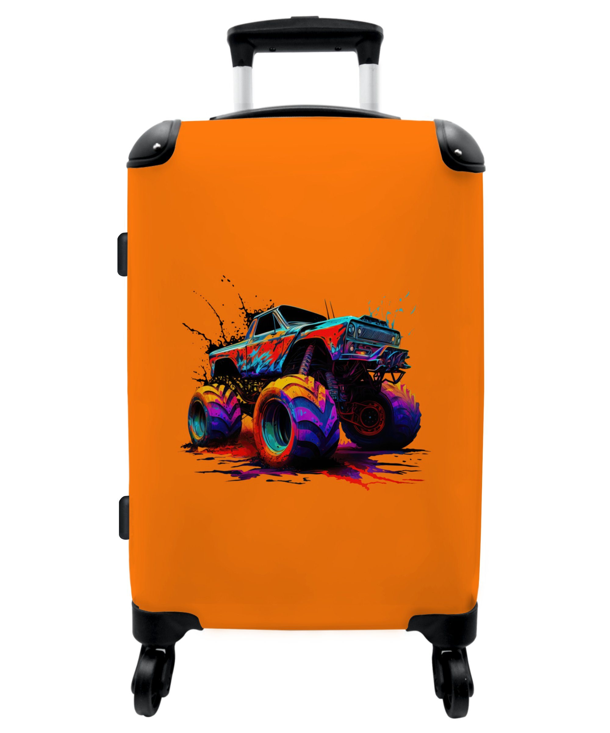 NoBoringSuitcases.com© Koffer Monstertruck - Neon - Farbe - Orange 67x43x25cm, 4 Rollen, Mittelgroßer Koffer für Jungen, Kinder Trolley