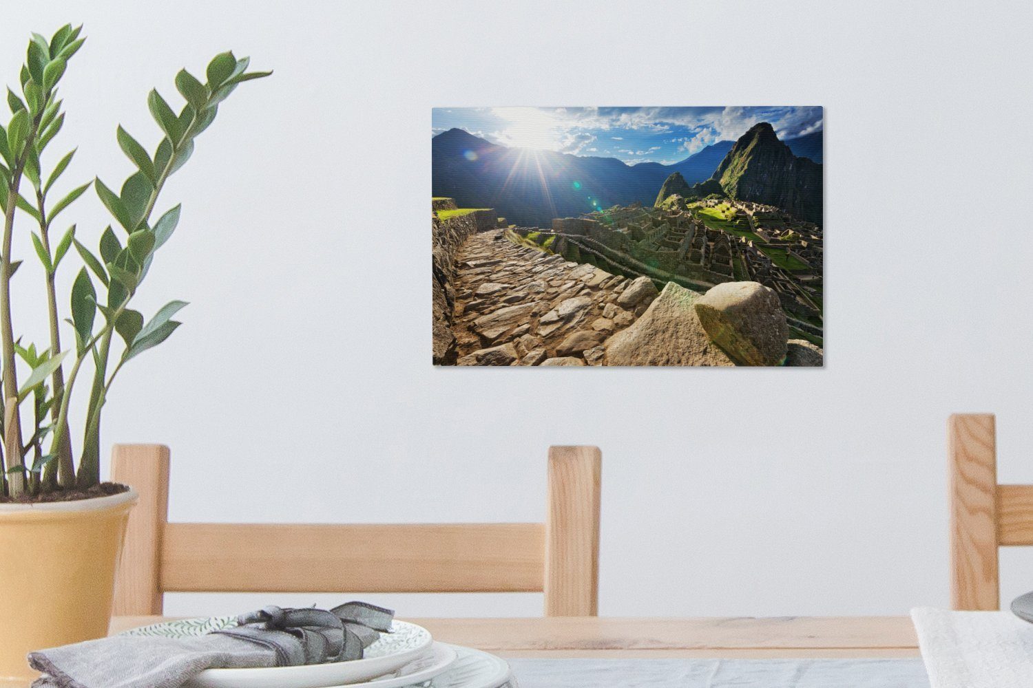 30x20 Wanddeko, Wandbild Leinwandbild über Leinwandbilder, St), Abendsonne (1 Picchu Aufhängefertig, cm Machu OneMillionCanvasses® Peru,
