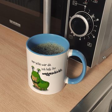 speecheese Tasse Freches Monster in grün Kaffeebecher in hellblau mit lustigem Spruch