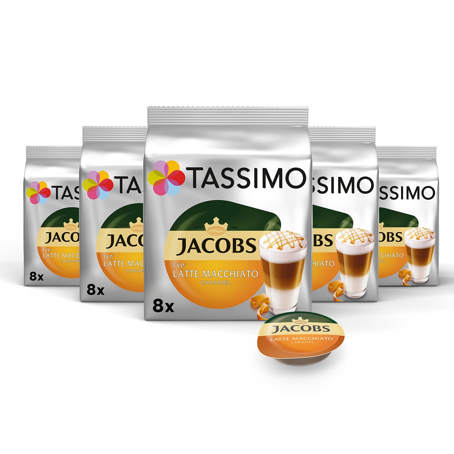 TASSIMO Kaffee Kapseln Jacobs Latte Macchiato Caramel T Discs 40 Getränke, (Packung, 5er Pack)